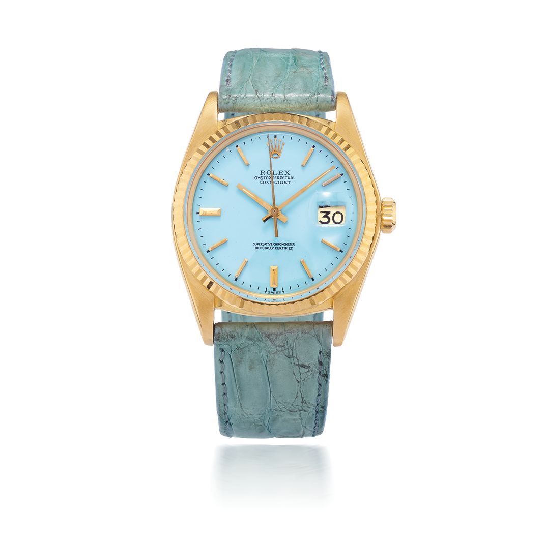 ROLEX. MONTRE BRACELET EN OR JAUNE 18K (750) AVEC DATE ET CADRAN BLEU MOUVEMENT AUTOMATIQUE ROLEX. AN 18K GOLD AUTOMATIC CALENDAR WRISTWATCH WITH ASSOCIATED BLUE ...