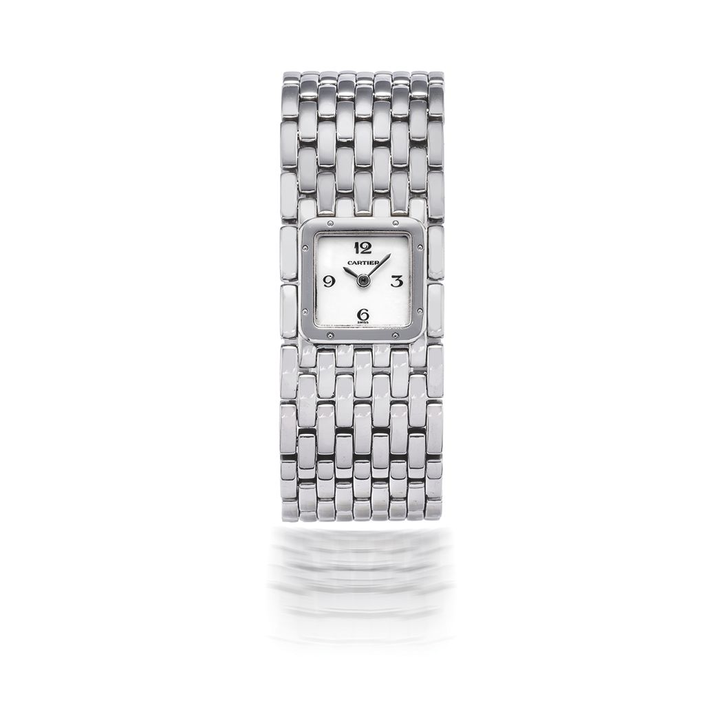 CARTIER. MONTRE BRACELET DE DAME EN ACIER AVEC CADRAN NACRE ROSE MOUVEMENT QUARTZ CARTIER. A LADY'S STAINLESS STEEL QUARTZ BRACELET WATCH WITH PINK MOTHER OF ...