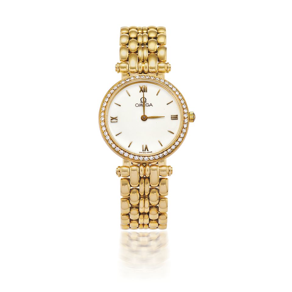 OMEGA. MONTRE BRACELET DE DAME EN OR JAUNE 18K (750) SERTIE DE DIAMANTS MOUVEMENT QUARTZ OMEGA. A LADY'S 18K GOLD AND DIAMOND SET QUARTZ BRACELET ...