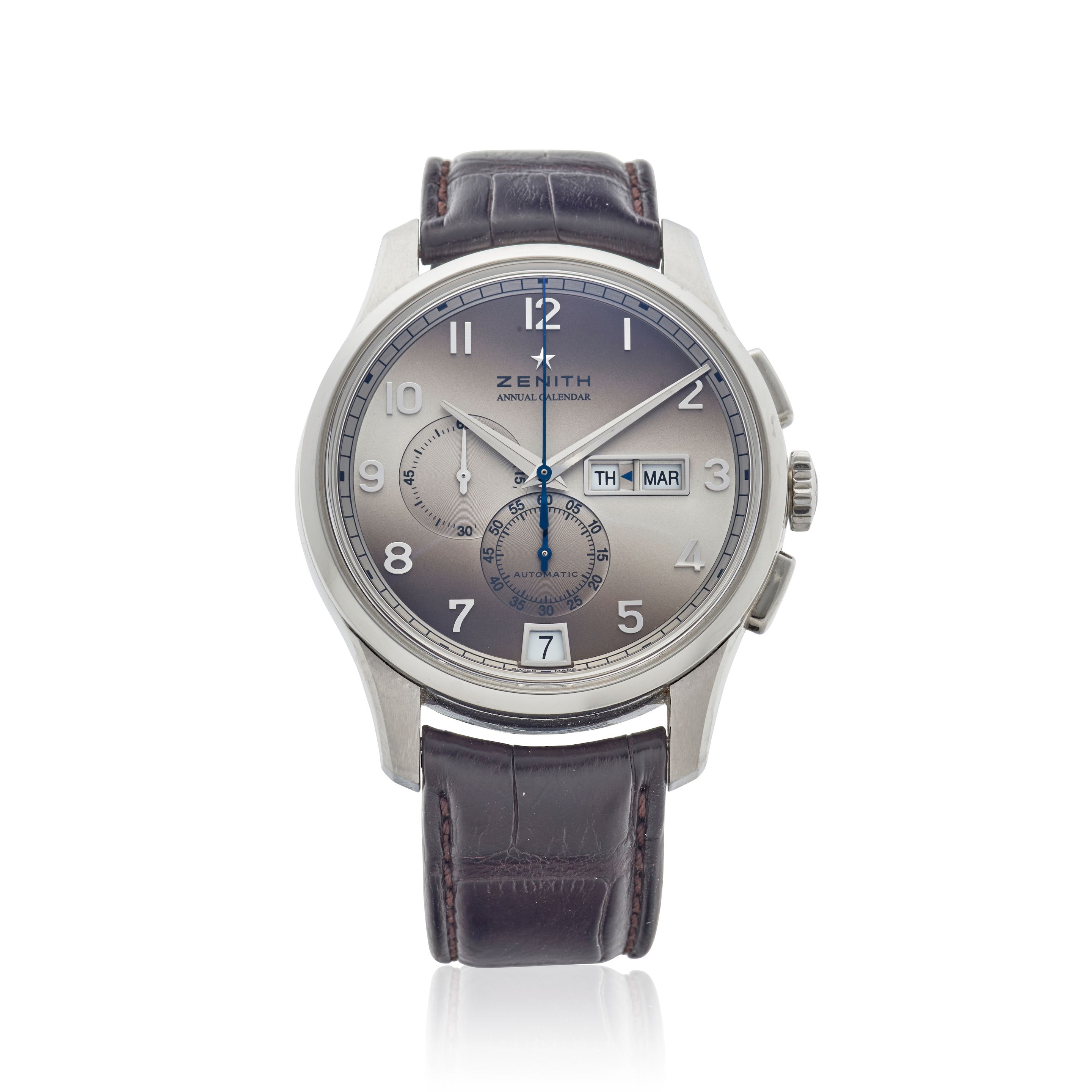 ZENITH. A STAINLESS STEEL ANNUAL CALENDAR WRISTWATCH El Primero Winsor, Ref: 03.2072.4054,