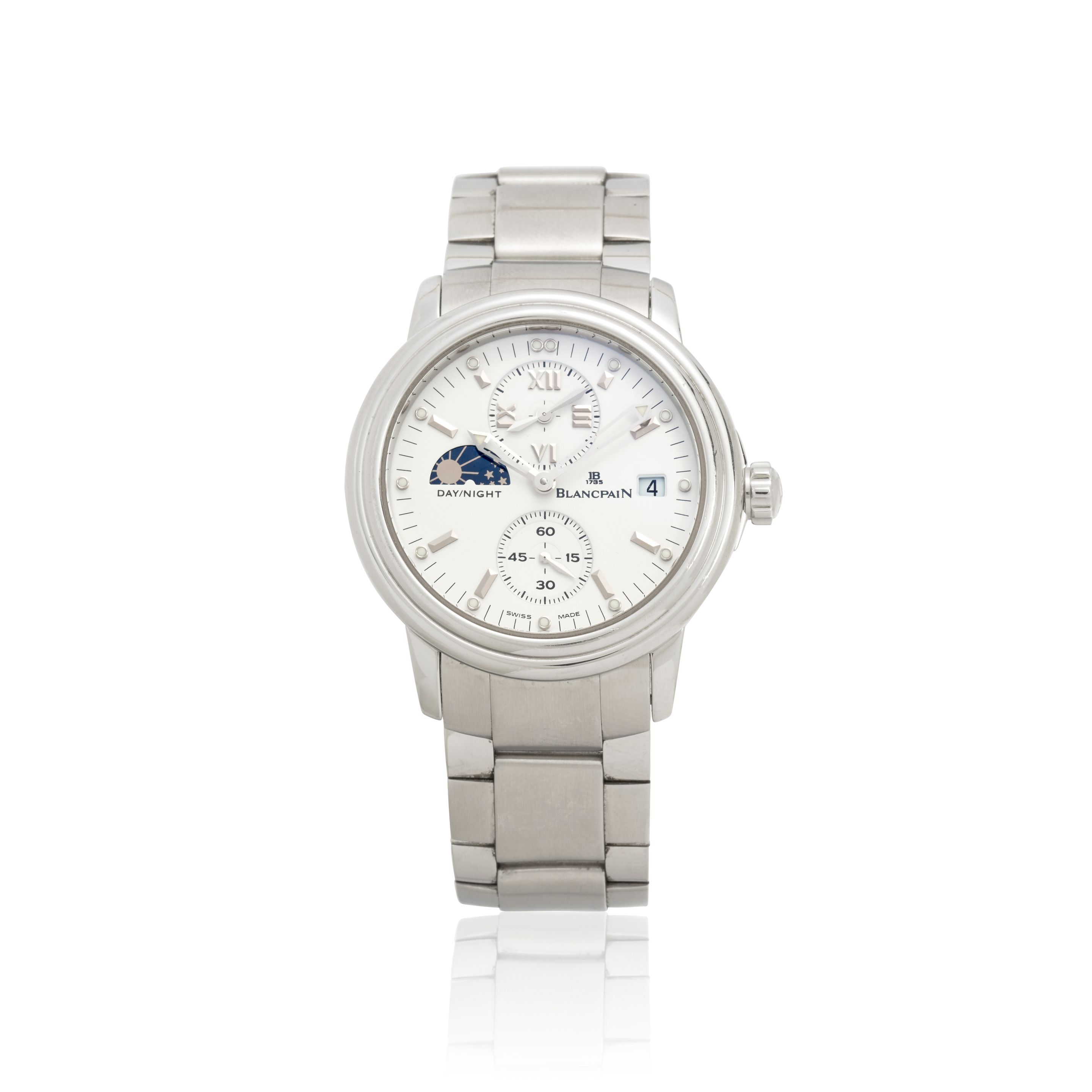 BLANCPAIN. A STAINLESS STEEL AUTOMATIC CALENDAR BRACELET WATCH WITH DUAL TIME ZONE AND DAY NIGHT INDICATOR Leman, Ref: 2160-1127-53,
