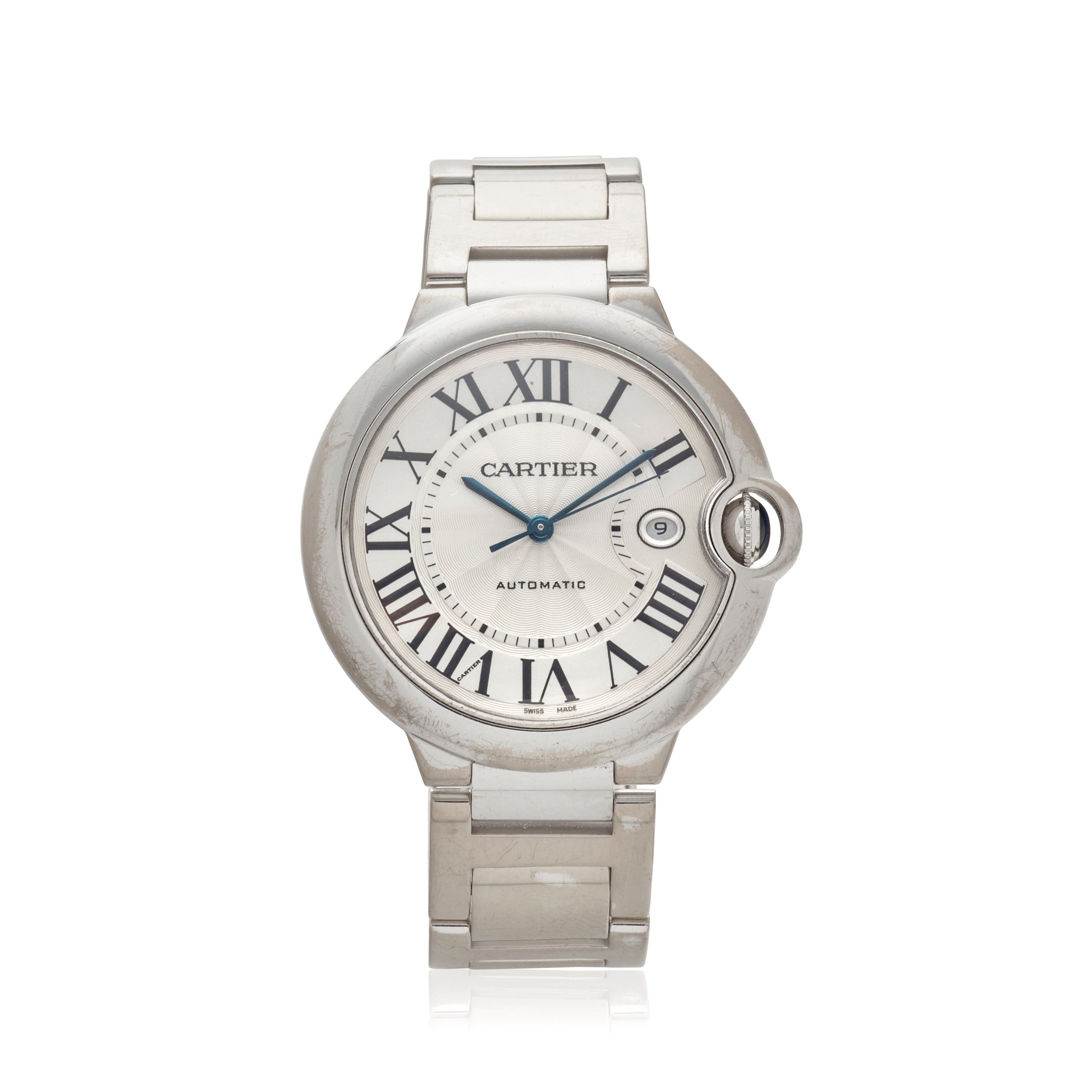 CARTIER. AN 18K WHITE GOLD AUTOMATIC CALENDAR BRACELET WATCH Ballon Bleu, Purchased 24th August, 2007