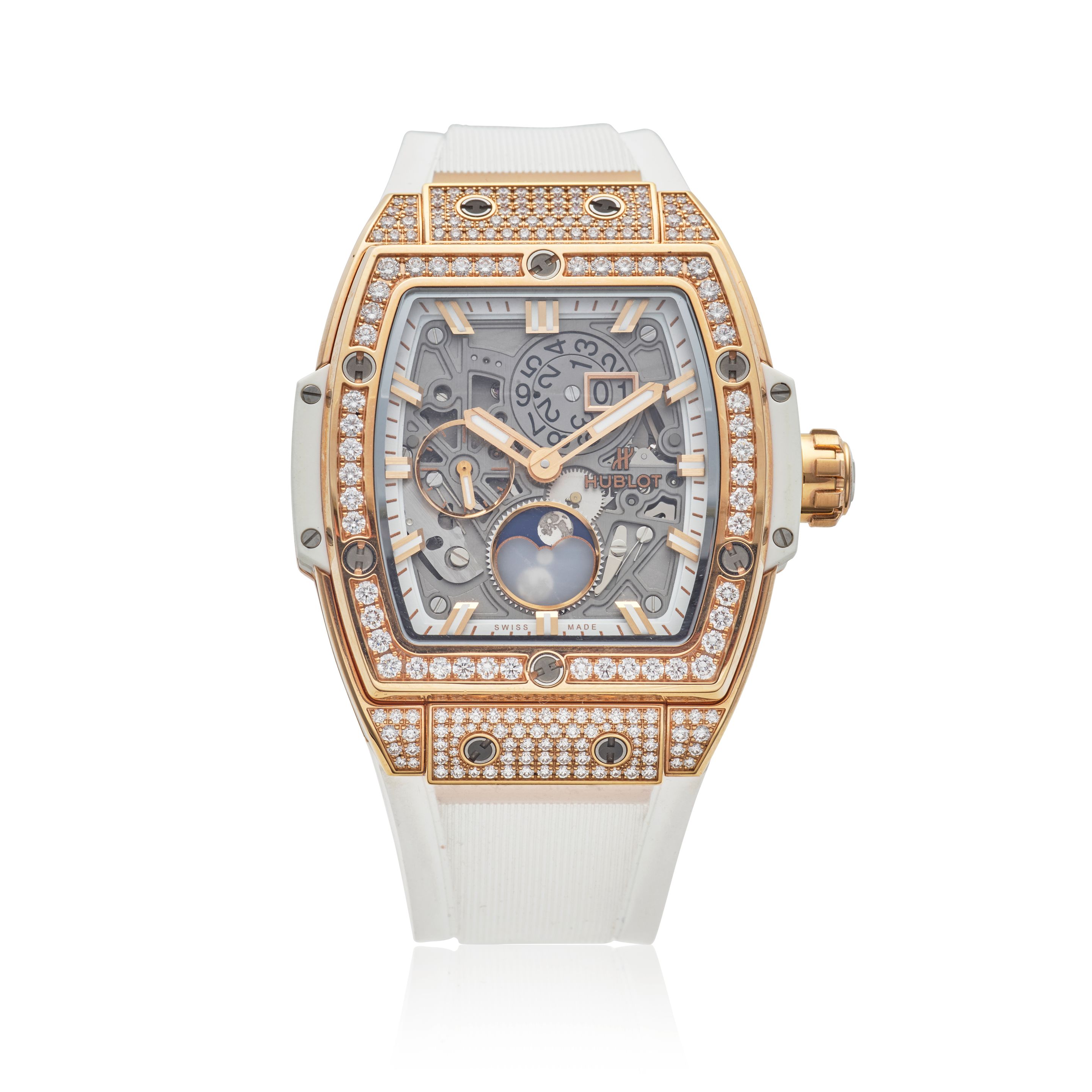 HUBLOT. AN 18K GOLD, TITANIUM, AND DIAMOND SET CALENDAR WRISTWATCH WITH MOON PHASE Spirit of Big Bang, c.2015