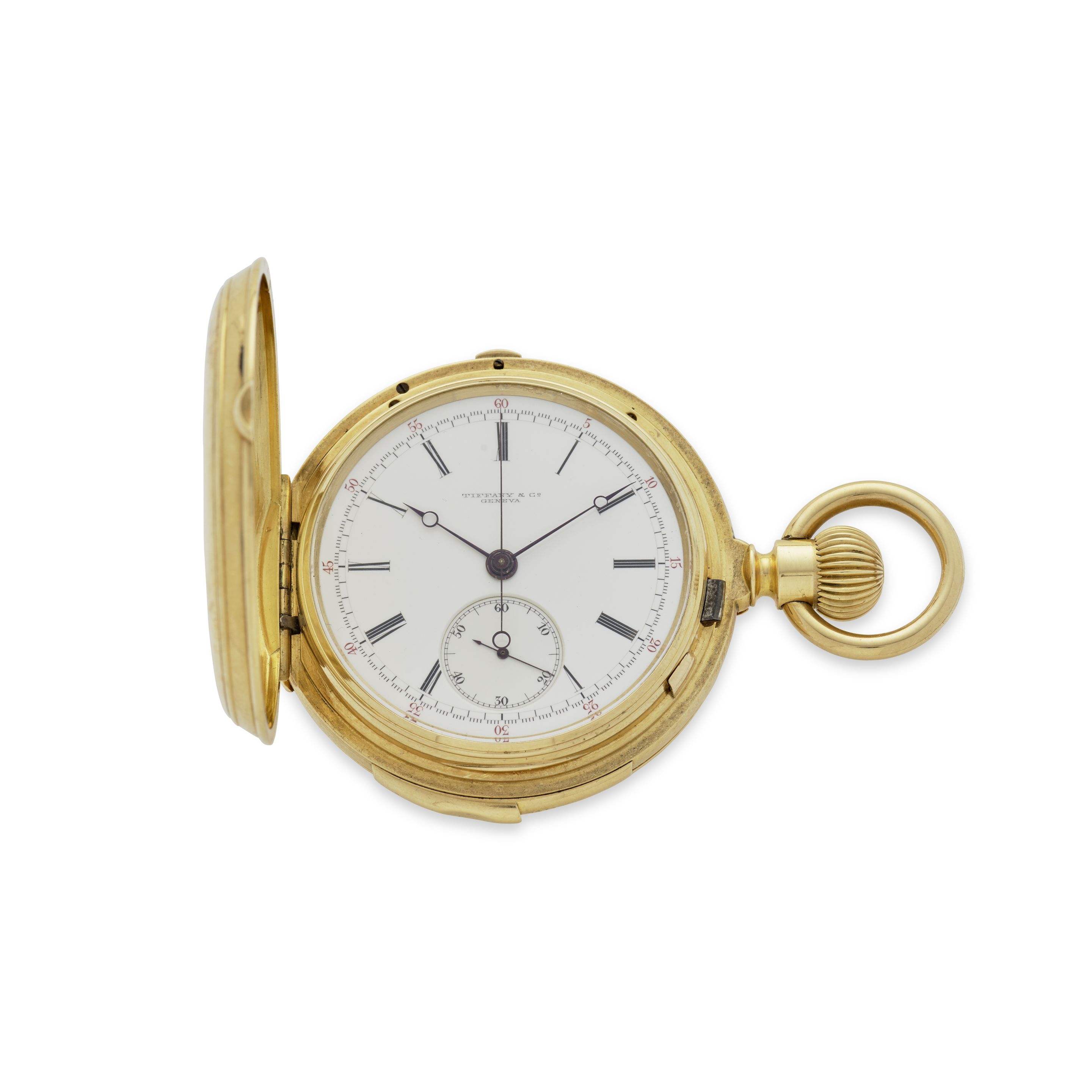 TIFFANY & CO., GENEVA. A FINE 18K GOLD HUNTER CASED MINUTE REPEATING CHRONOGRAPHCirca 1875