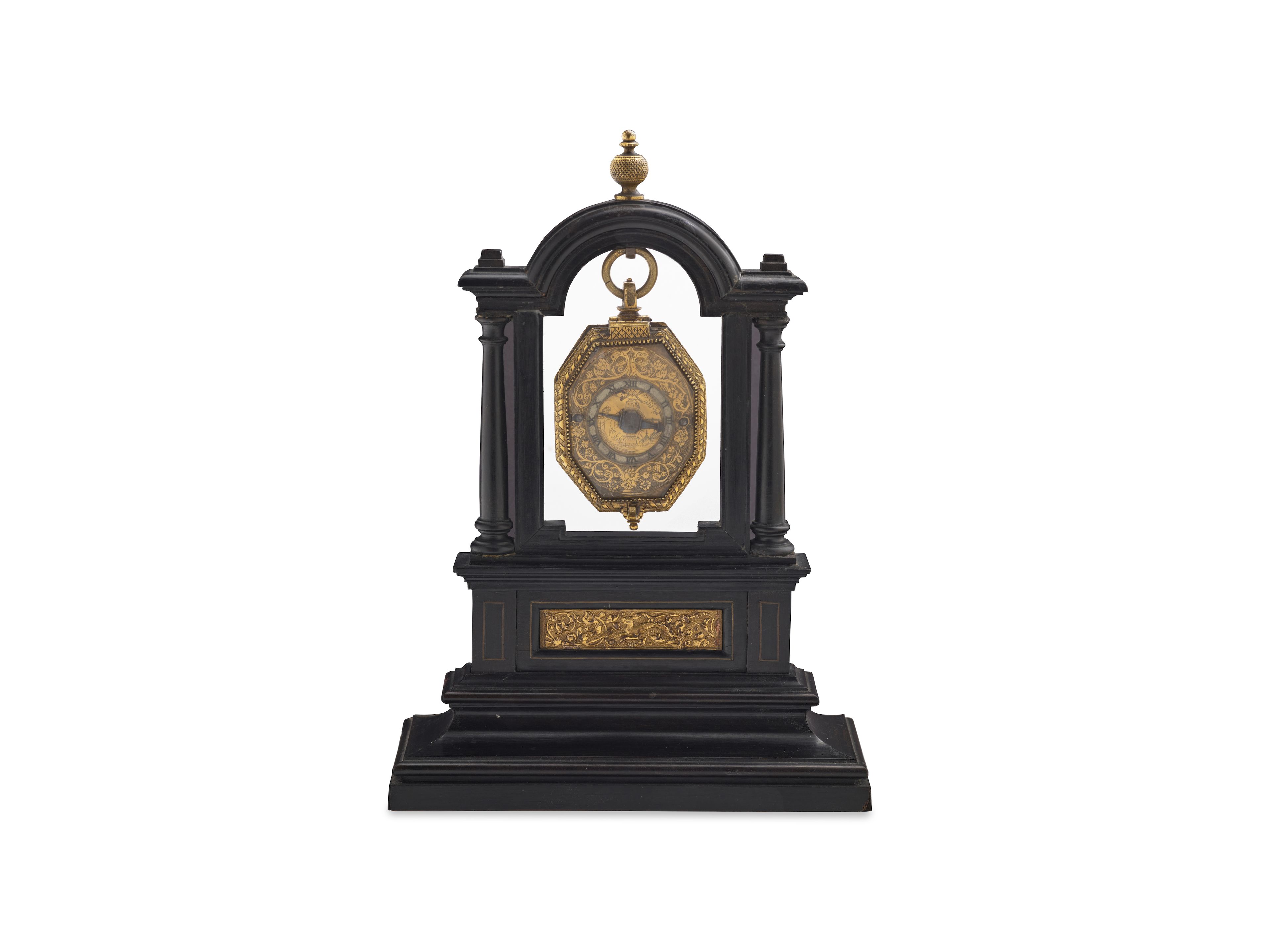 A FINE GILT AND ROCK CRYSTAL PRE BALANCE SPRING PENDANT WATCH WITH CONTEMPORARY INLAID EBONY DISPLAY STANDFirst quarter 17th century