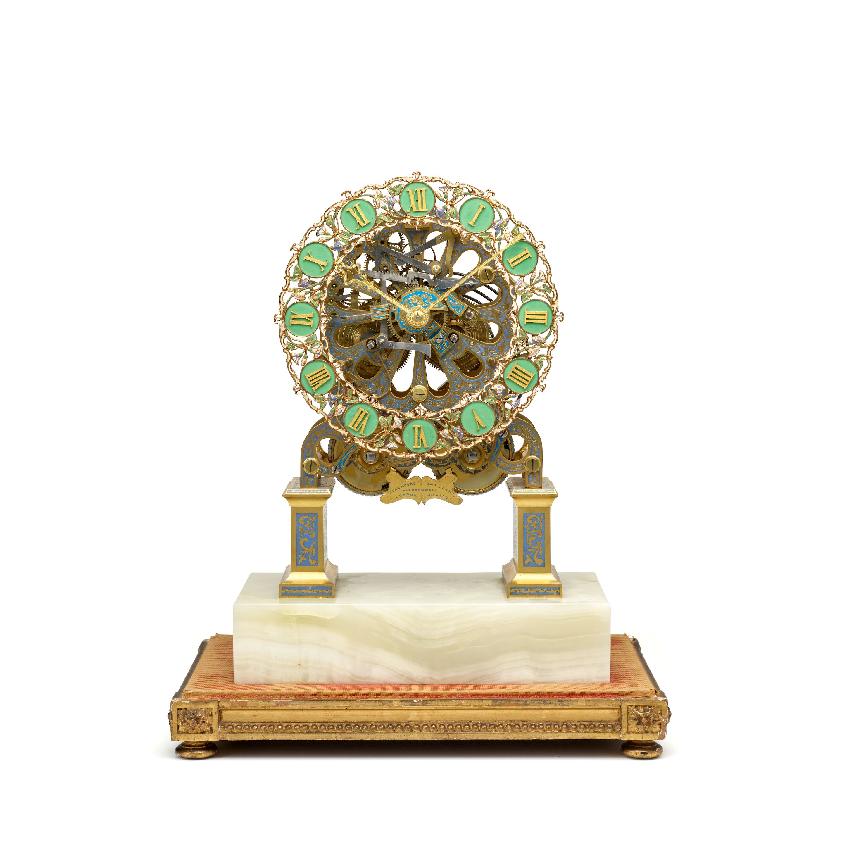 A FINE GREAT EXHIBITION CHAMPLEVÉ ENAMEL QUARTER STRIKING SKELETON CLOCKJohn Moore and Sons, Clerkenwell, London, no. 12852 Circa 1851