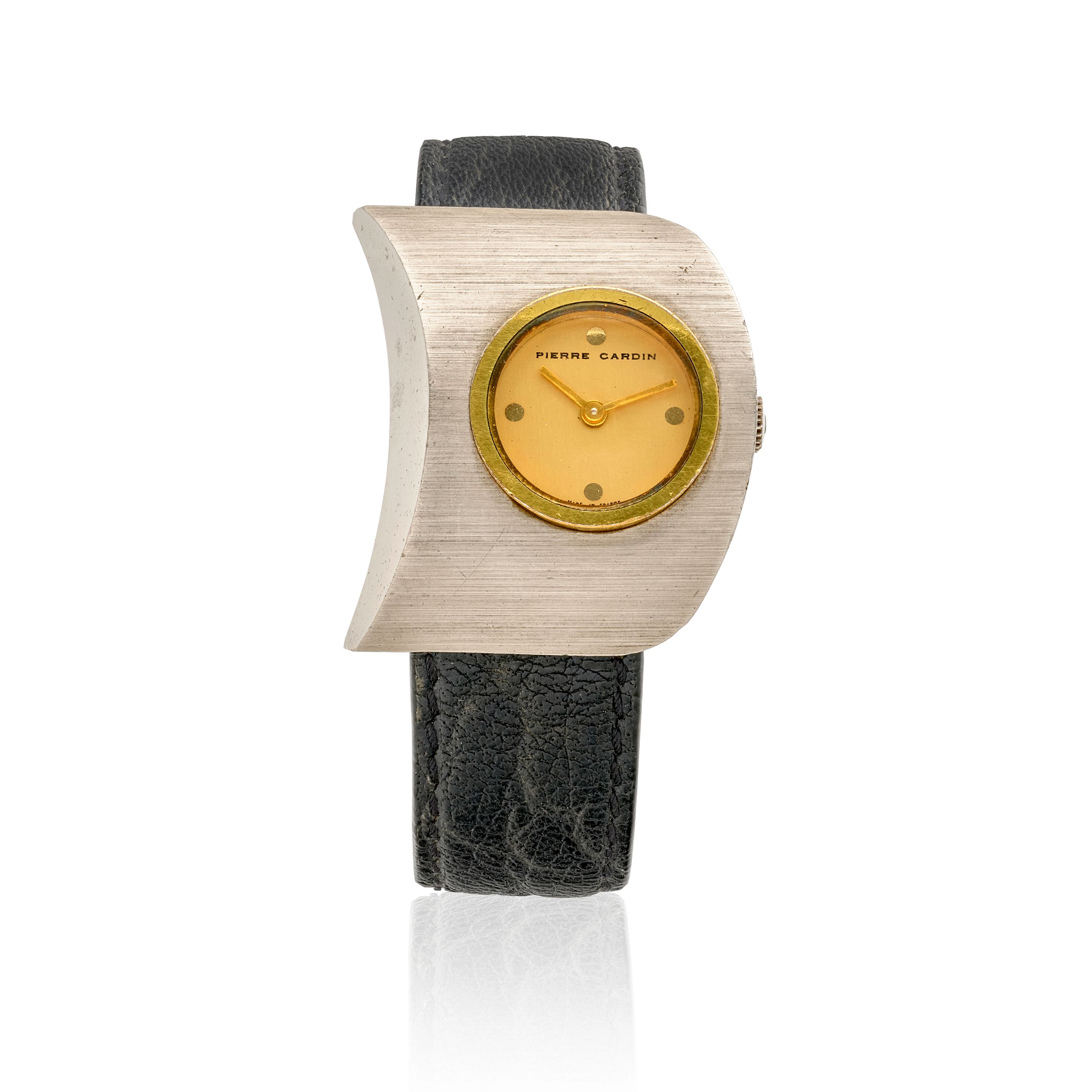 PIERRE CARDIN. AN UNUSUAL ASYMMETRICAL STAINLESS STEEL MANUAL WIND WRISTWATCH WITH JAEGER MOVEMENT