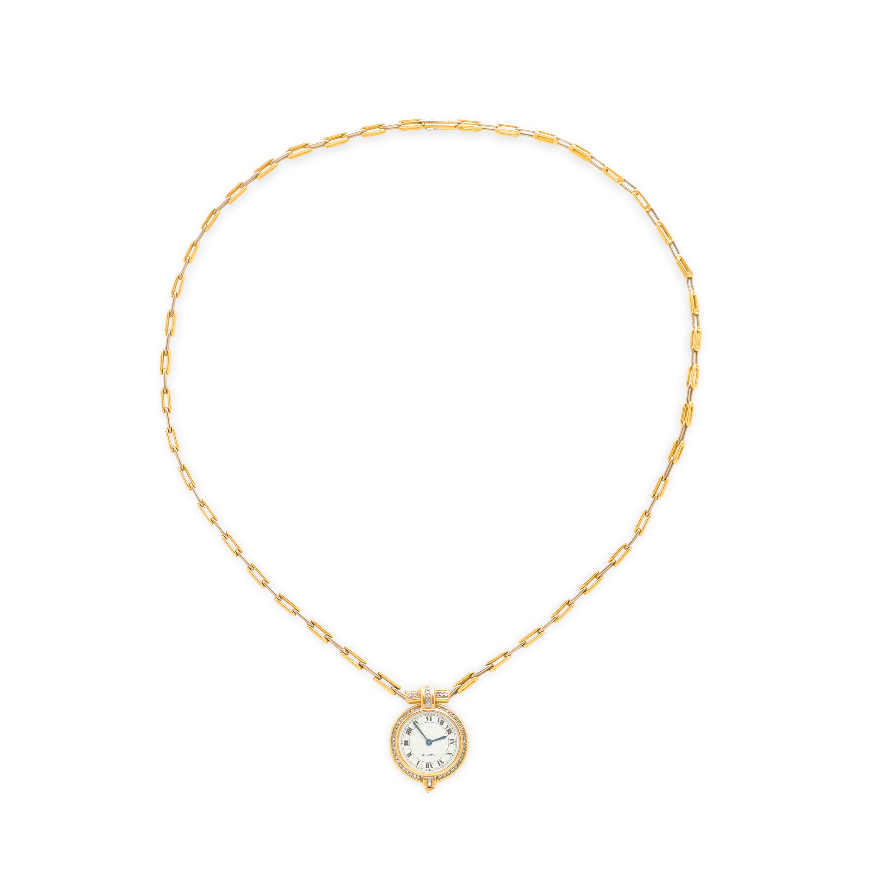 CARTIER. A FINE 18K TWO-COLOR GOLD DIAMOND SET PENDANT WATCH AND CHAINLast quarter 20th century