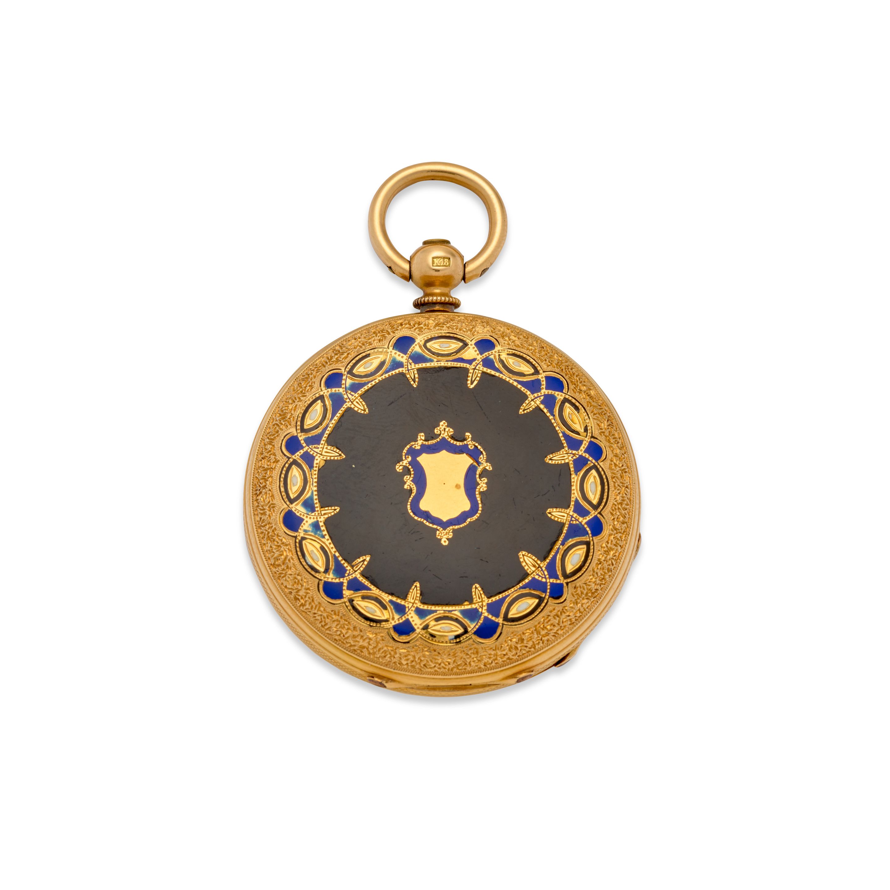 F. HUGUENIN, LOCLE. A GOOD ENAMELED 18K GOLD LEVER HUNTER CASED FOB WATCHMid 19th century
