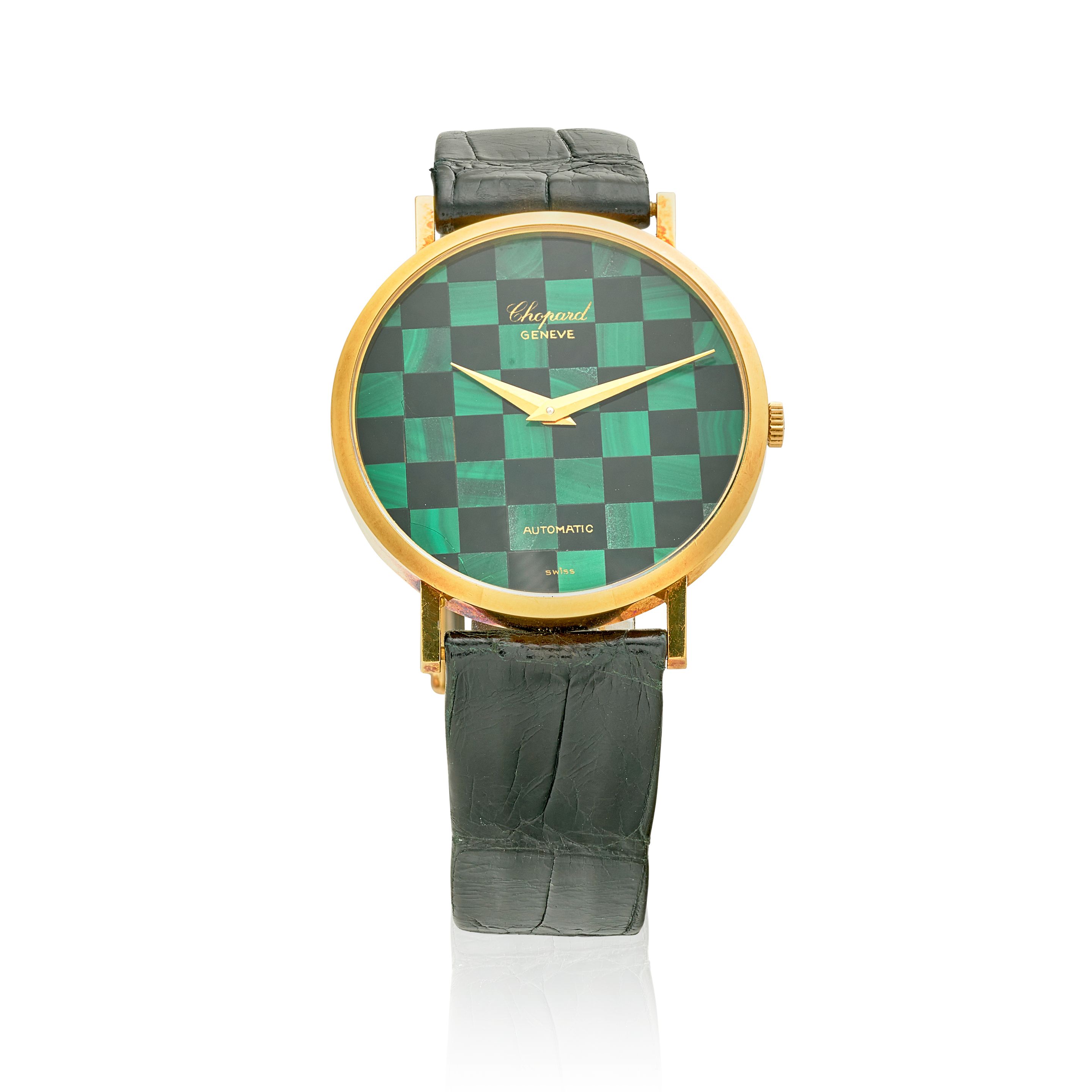 CHOPARD. AN 18K GOLD MALACHITE AND ONYX AUTOMATIC WRISTWATCH WITH MATCHING CUFFLINKSRef: 1038/1, c.1990s