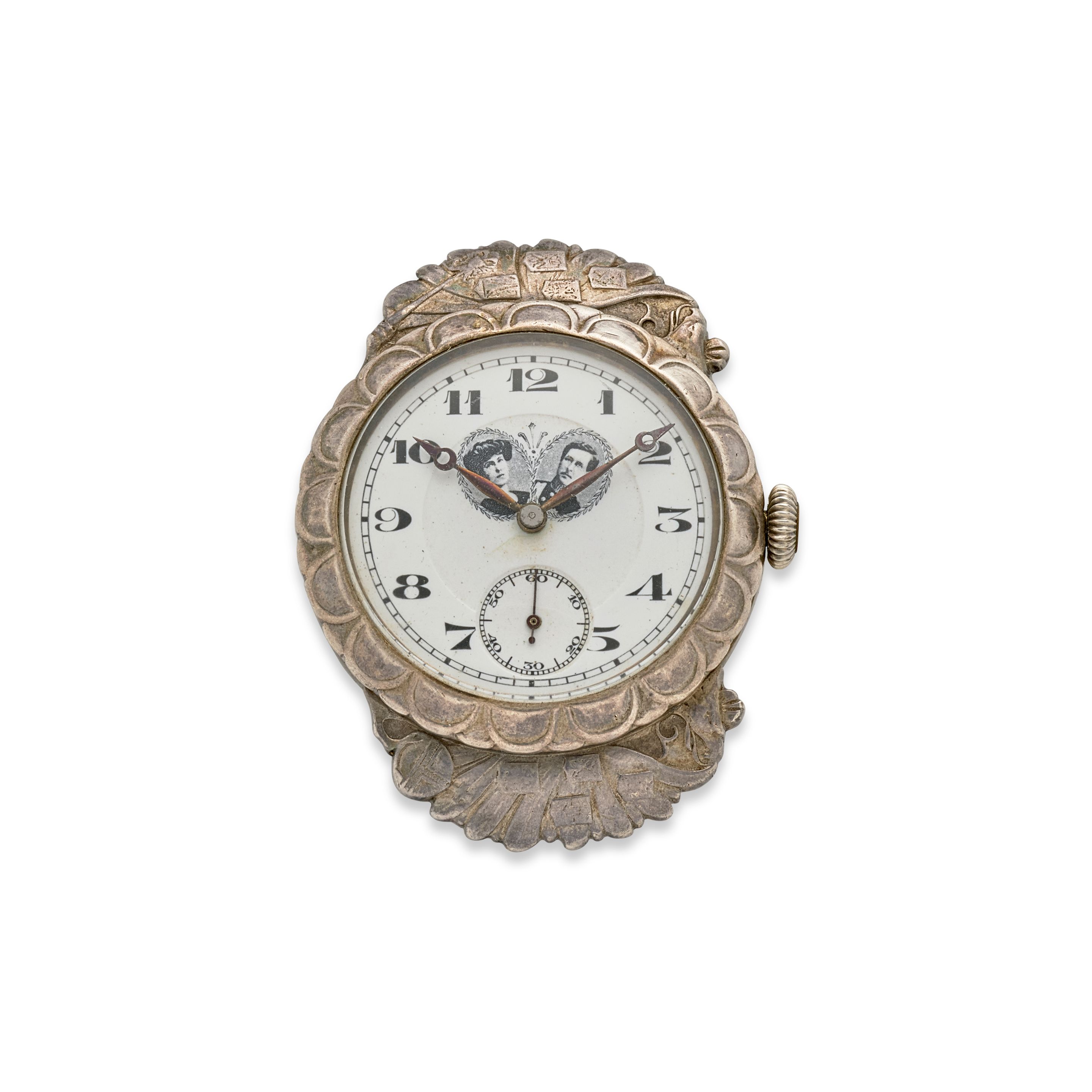 AN UNUSUAL WORLD WAR I ERA ENGLISH MARKET SILVER WRISTWATCH HONORING KING ALBERT I AND QUEEN ELIZABETH OF BELGIUMWith the import mark of George Stockwell, ...
