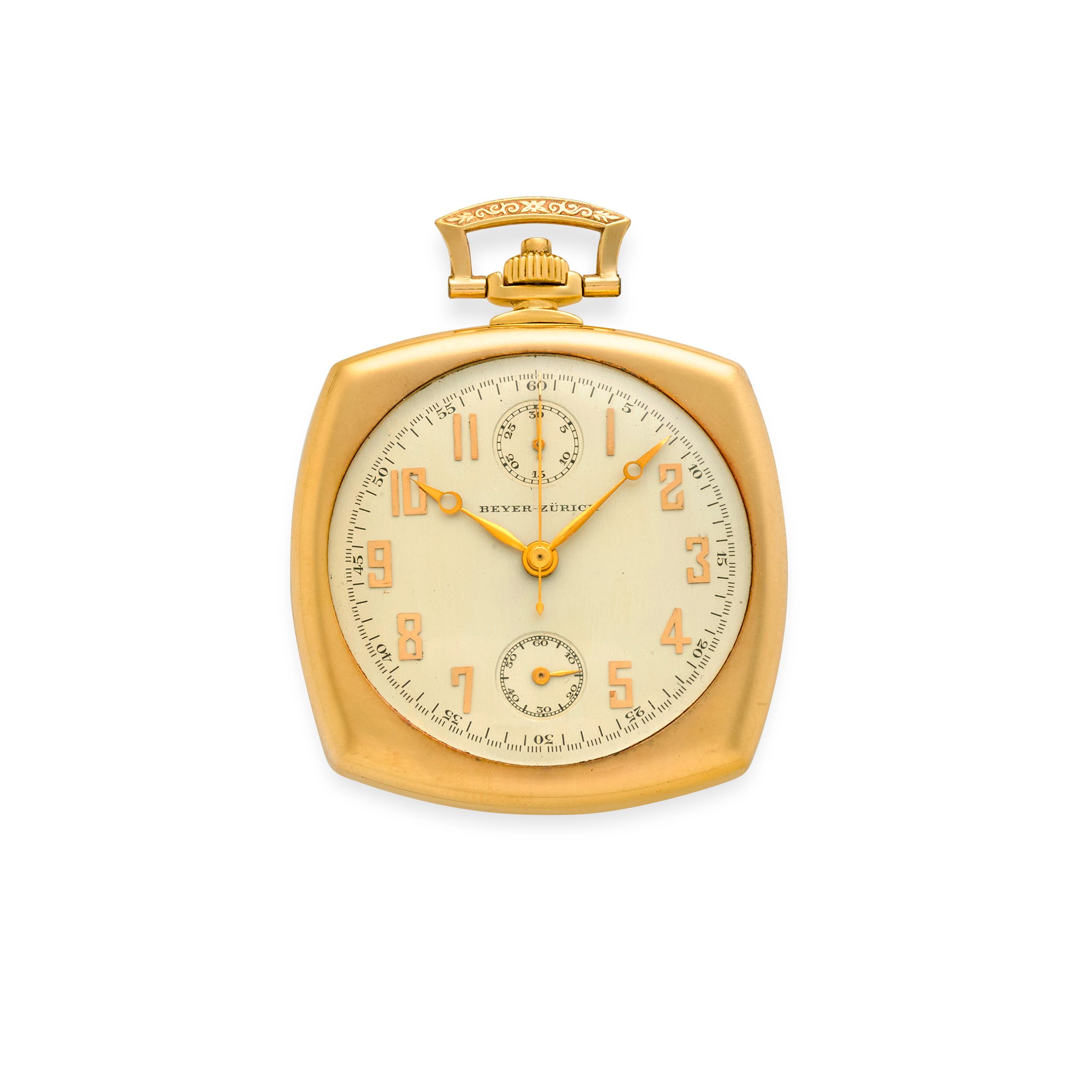 BEYER, ZURICH. A FINE 18K GOLD ART DECO OPENFACE CHRONOGRAPH WITH REGISTERSecond quarter 20th century
