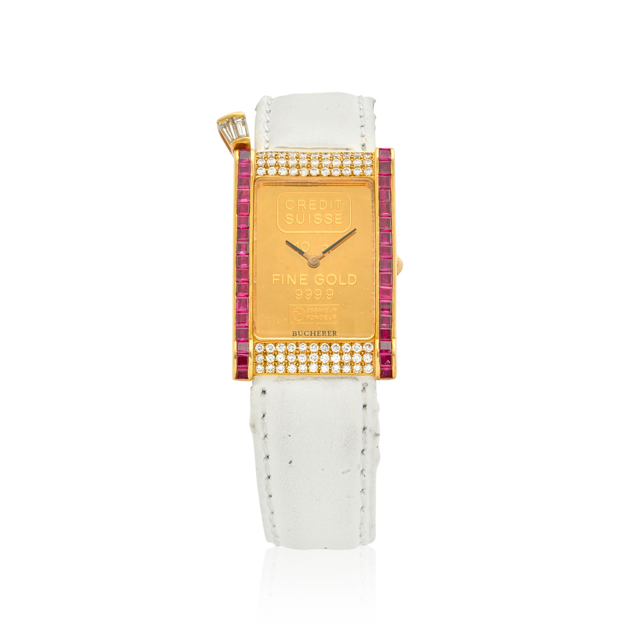 BUCHERER. AN 18K GOLD WRISTWATCH SET WITH DIAMONDS AND RUBIES