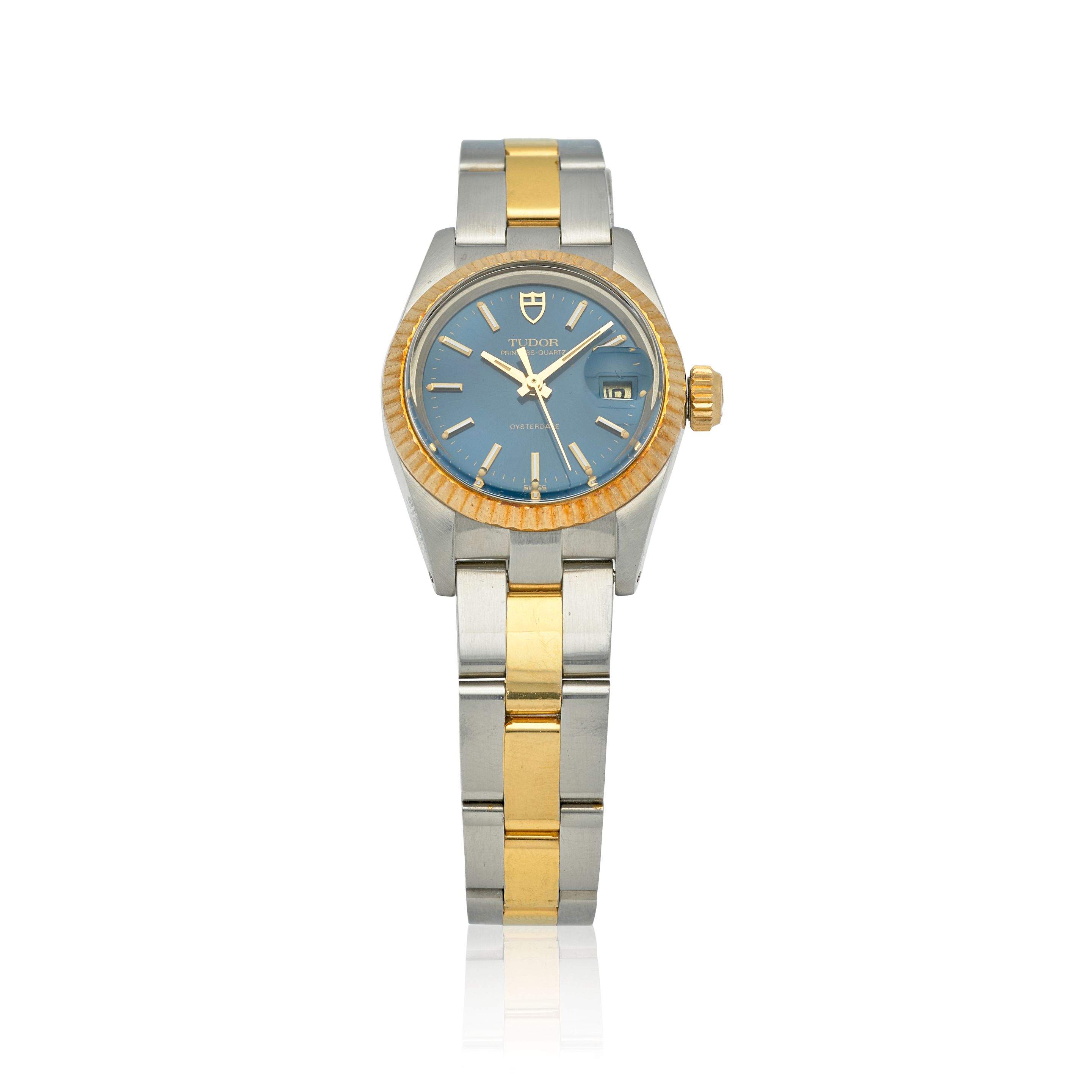 TUDOR. A LADY'S STAINLESS STEEL AND GOLD CALENDAR BRACELET WATCH Oyster Prince, Ref: 93513,