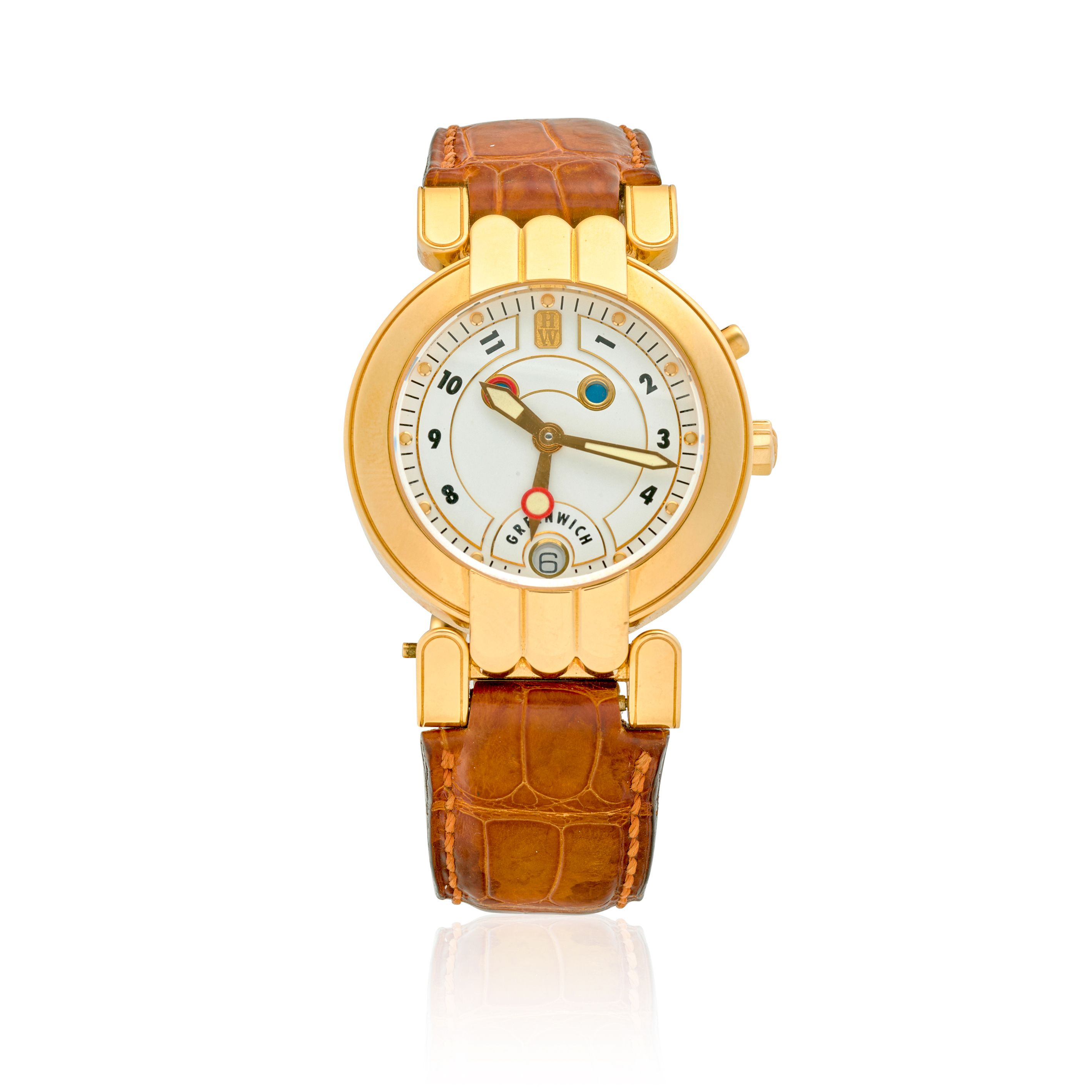 HARRY WINSTON. AN 18K GOLD AUTOMATIC CALENDAR WRISTWATCH WITH DUAL TIME ZONES Greenwich, c.2000s