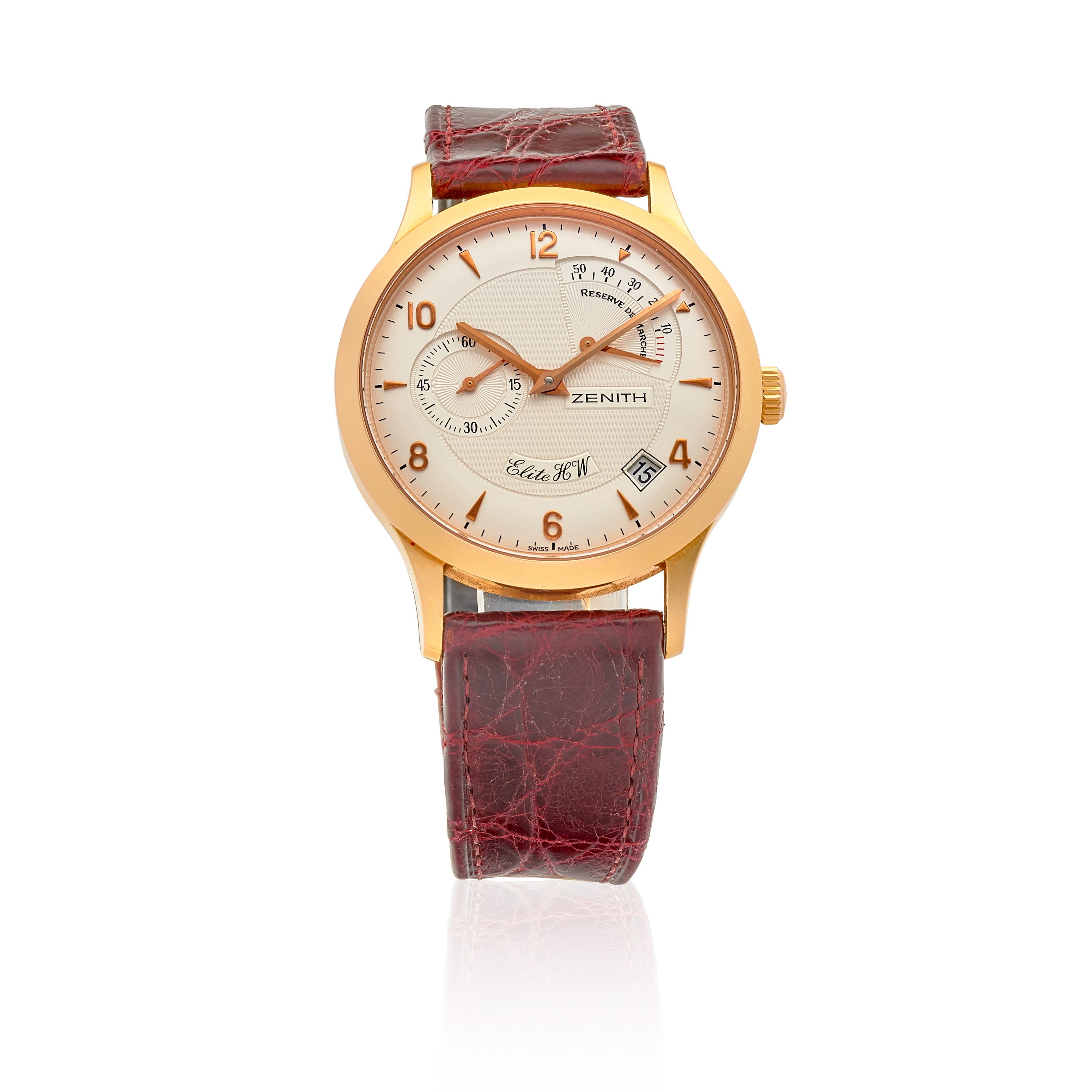 ZENITH. AN 18K GOLD MANUAL WIND CALENDAR WRISTWATCH WITH POWER RESERVE Elite HW, Ref: 17.1125.655, c.2000s