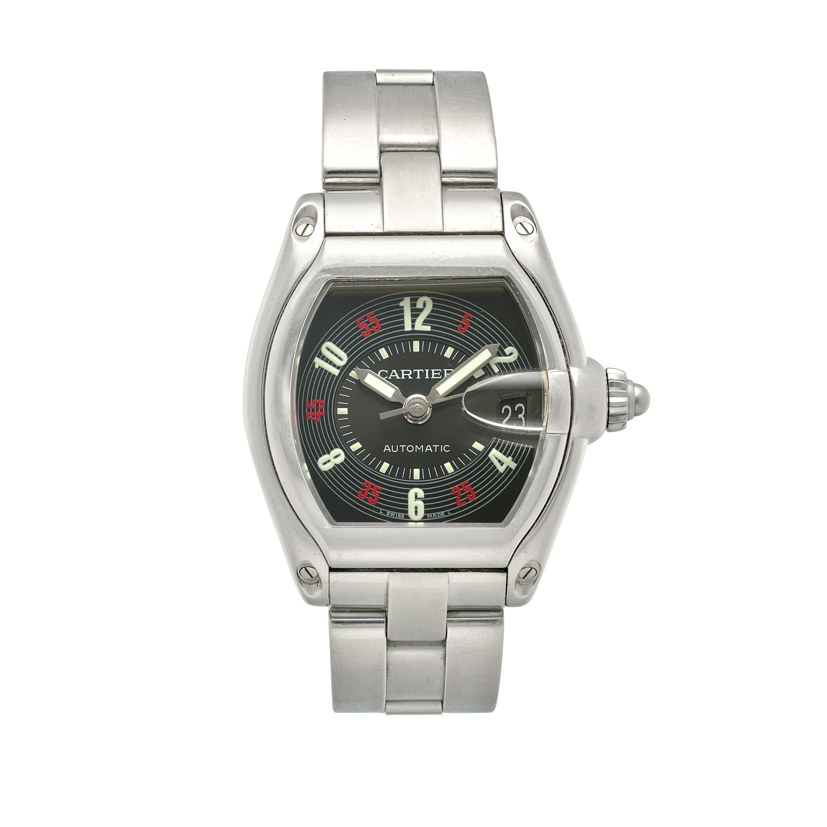 CARTIER. A STAINLESS STEEL AUTOMATIC CALENDAR BRACELET WATCH Roadster, Ref: 2510, Purchased 21st August, 2002