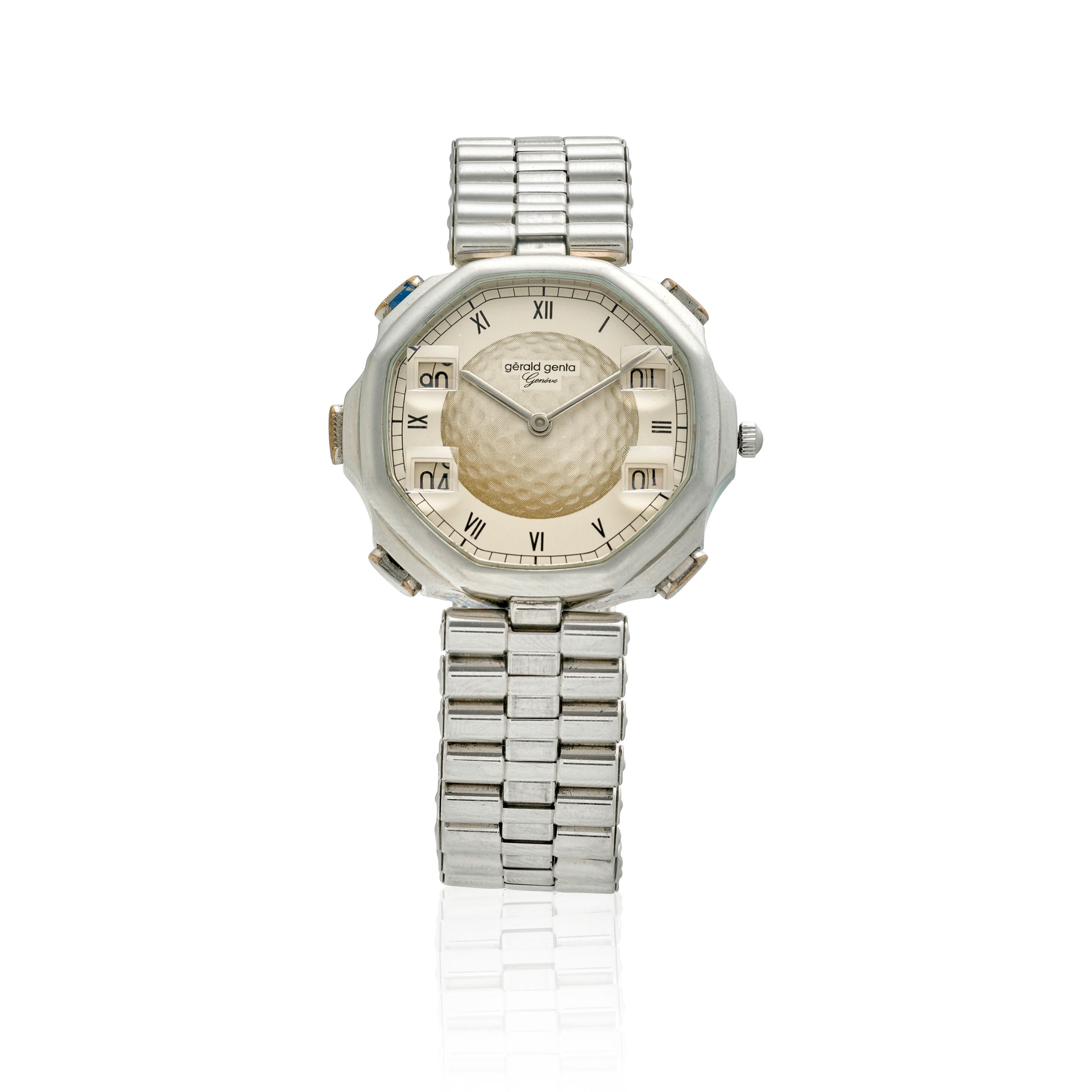 GERALD GENTA. A STAINLESS STEEL BRACELET WATCH WITH GOLF STROKE COUNTERS L'Open, Ref: G 2900.4, c.1990