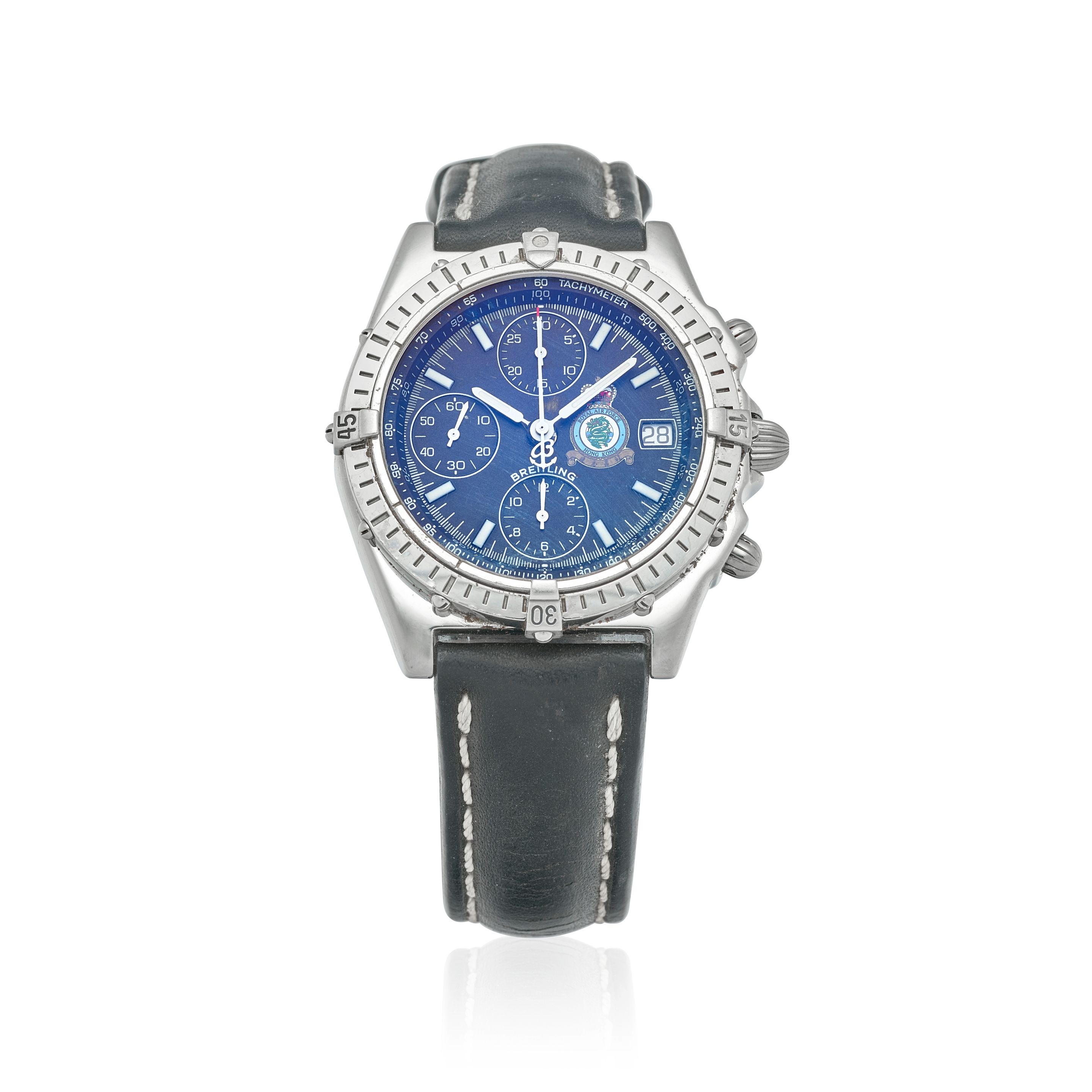 BREITLING. A LIMITED EDITION STAINLESS STEEL AUTOMATIC CALENDAR CHRONOGRAPH WRISTWATCH Royal Air Force Hong Kong Chronomat, Ref: A13050.1, c.1997