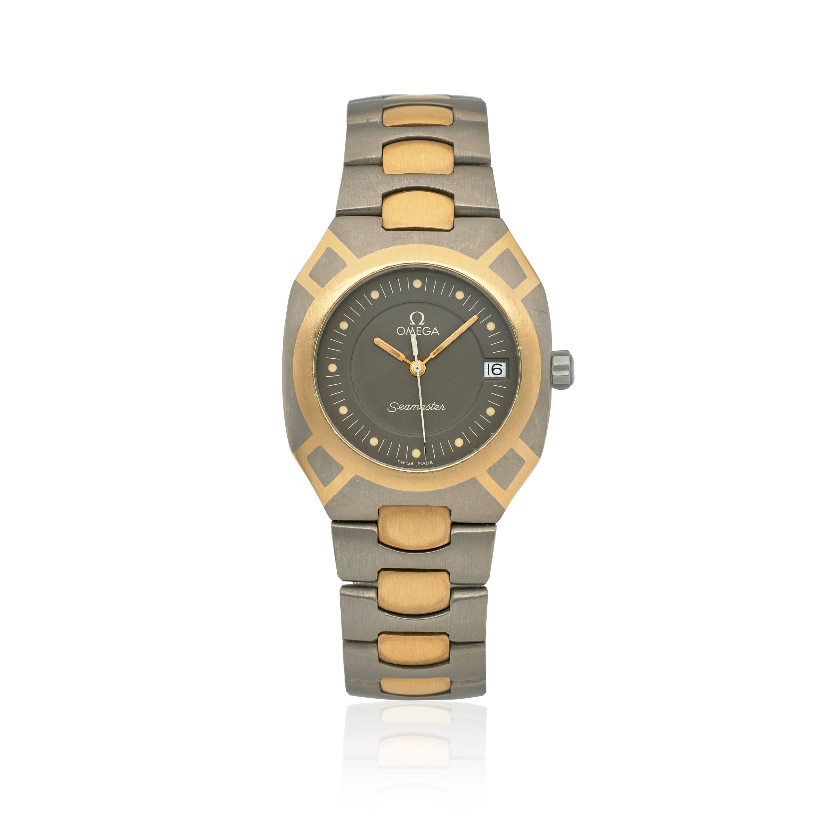 OMEGA. A TITANIUM CALENDAR BRACELET WATCH Seamaster, Ref: 46.700.942, Purchased 7th April, 1985
