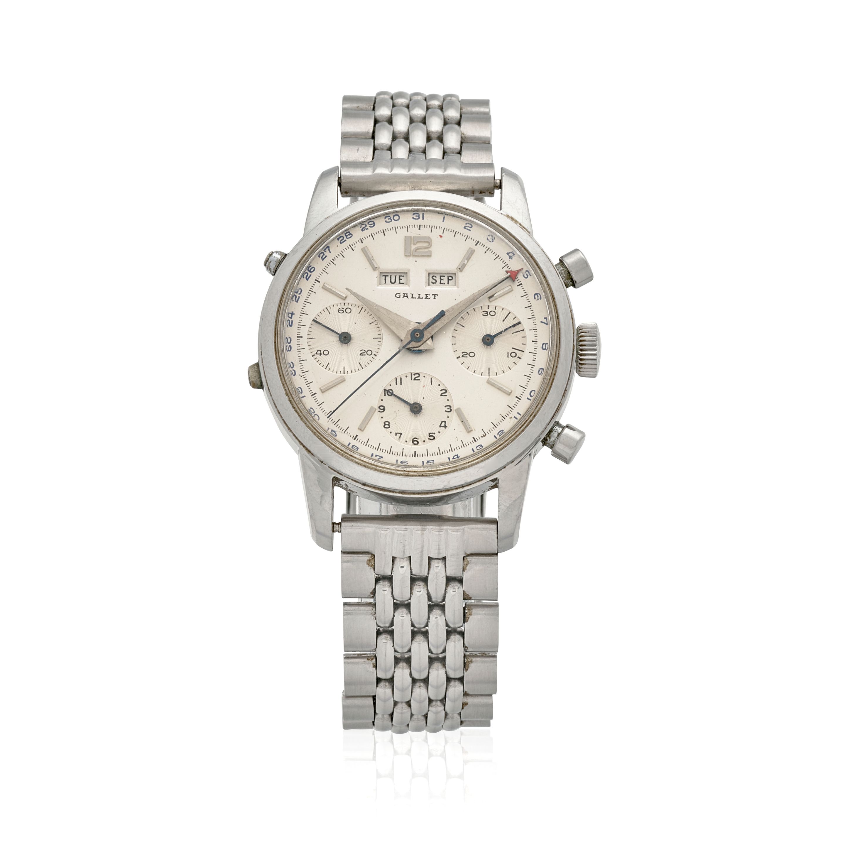 GALLET. A STAINLESS STEEL MANUAL WIND TRIPLE CALENDAR CHRONOGRAPH BRACELET WATCHc.1950s