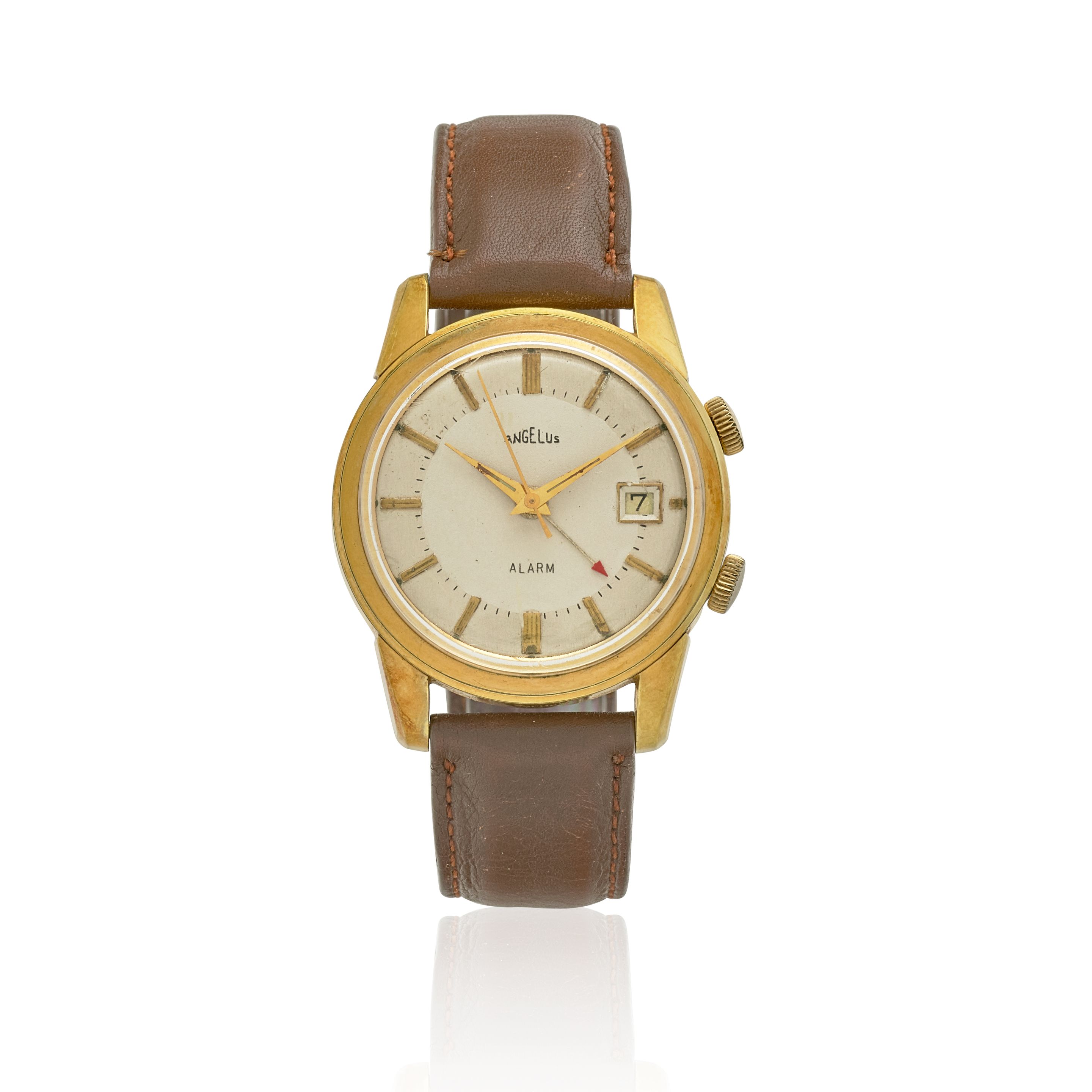 ANGELUS. A GOLD FILLED MANUAL WIND CALENDAR WRISTWATCH WITH ALARM Alarm,