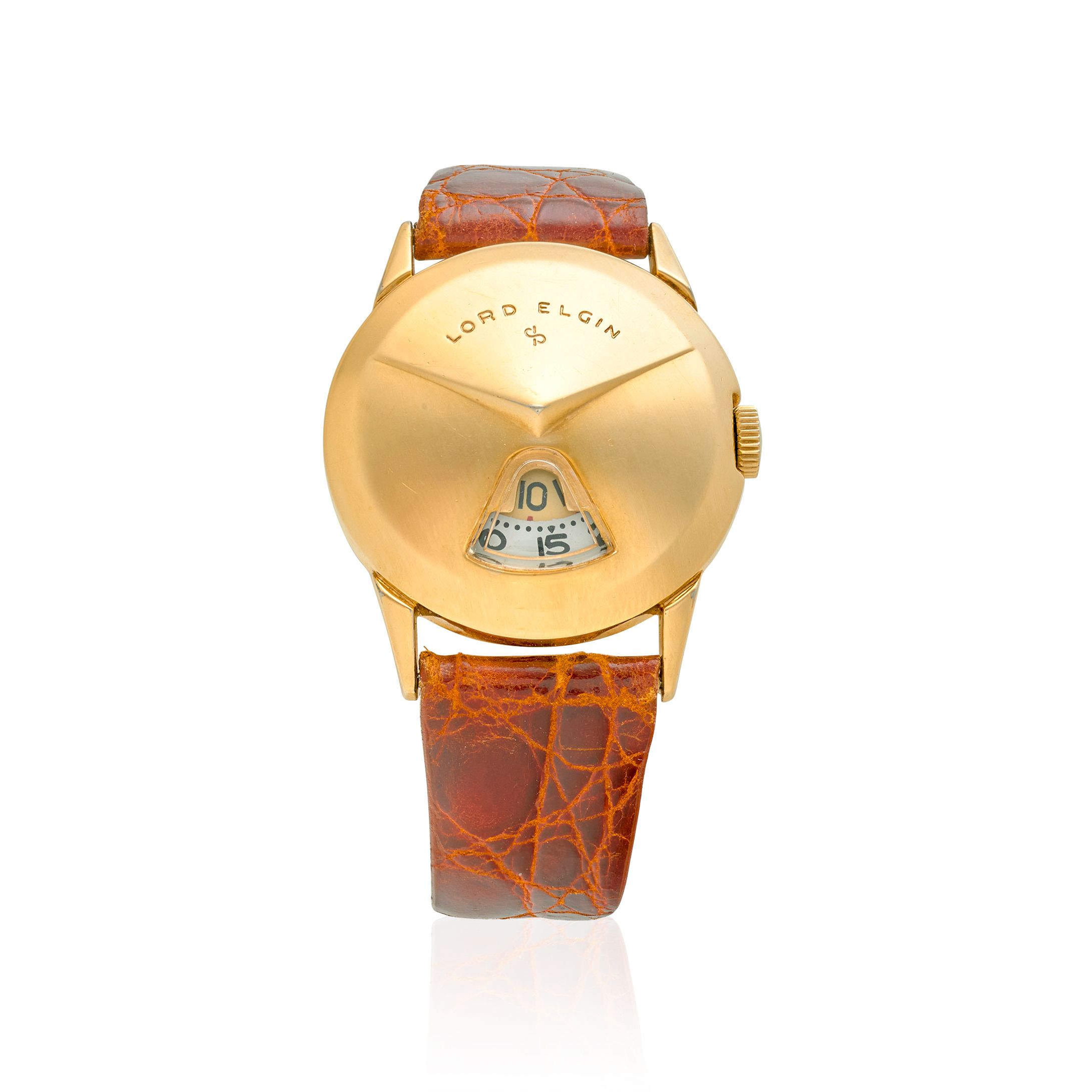 LORD ELGIN. AN UNUSUAL 14K GOLD FILLED DIGITAL MANUAL WIND WRISTWATCH Chevron Jump Hour, Ref: 7775, c.1950s