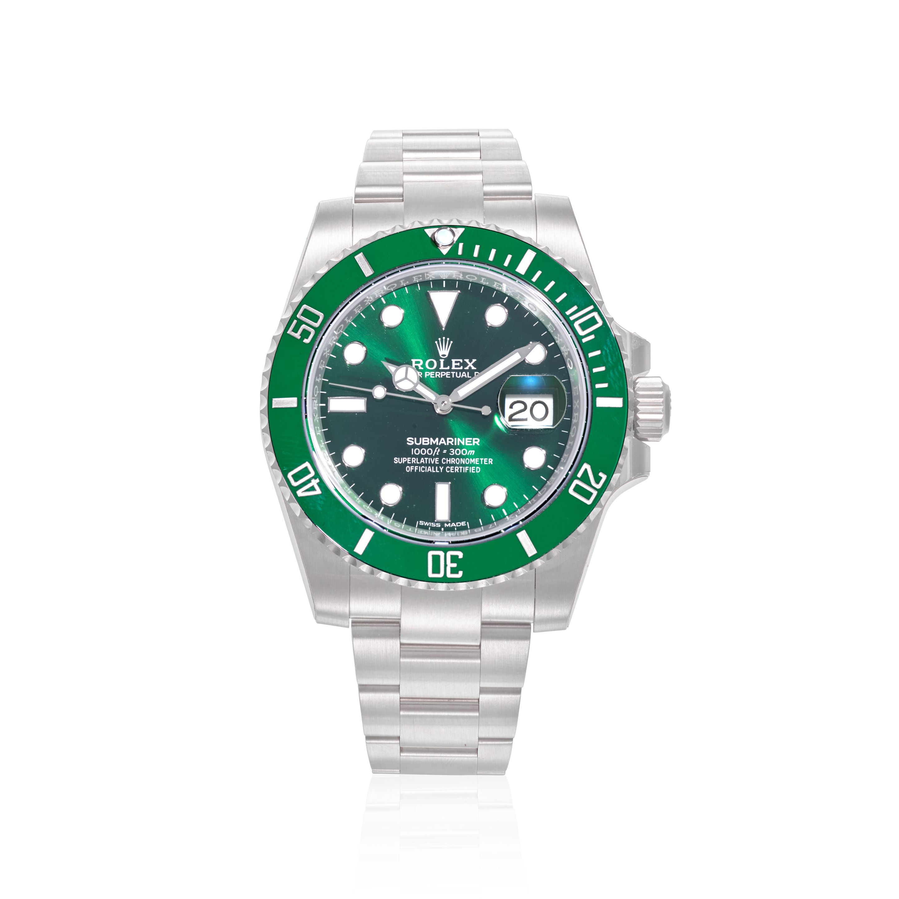 ROLEX. A STAINLESS STEEL AUTOMATIC CALENDAR BRACELET WATCH Submariner "Hulk", Ref: 116610LV, c.2018