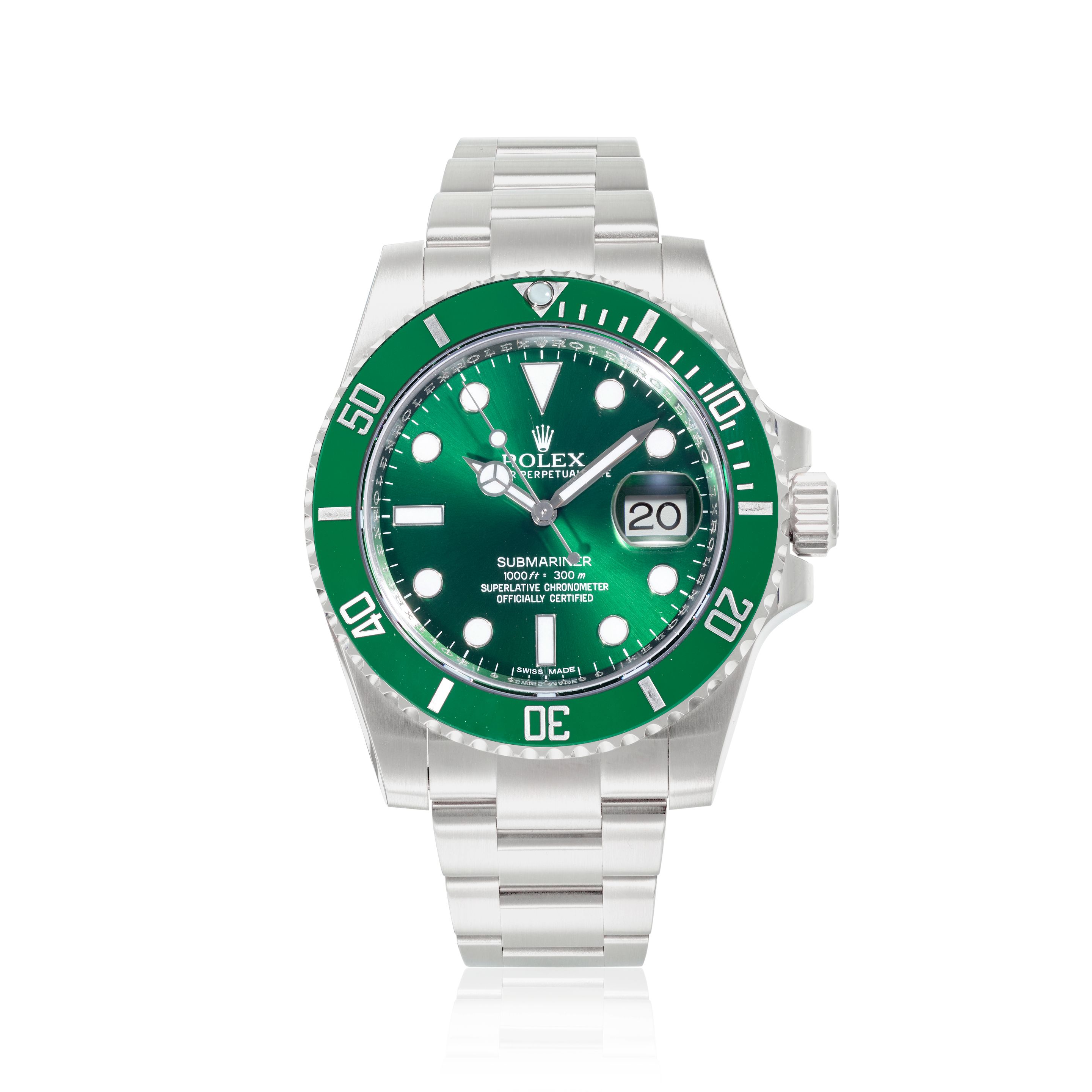 ROLEX. A STAINLESS STEEL AUTOMATIC CALENDAR BRACELET WATCH Submariner "Hulk", Ref: 116610LV, 2012