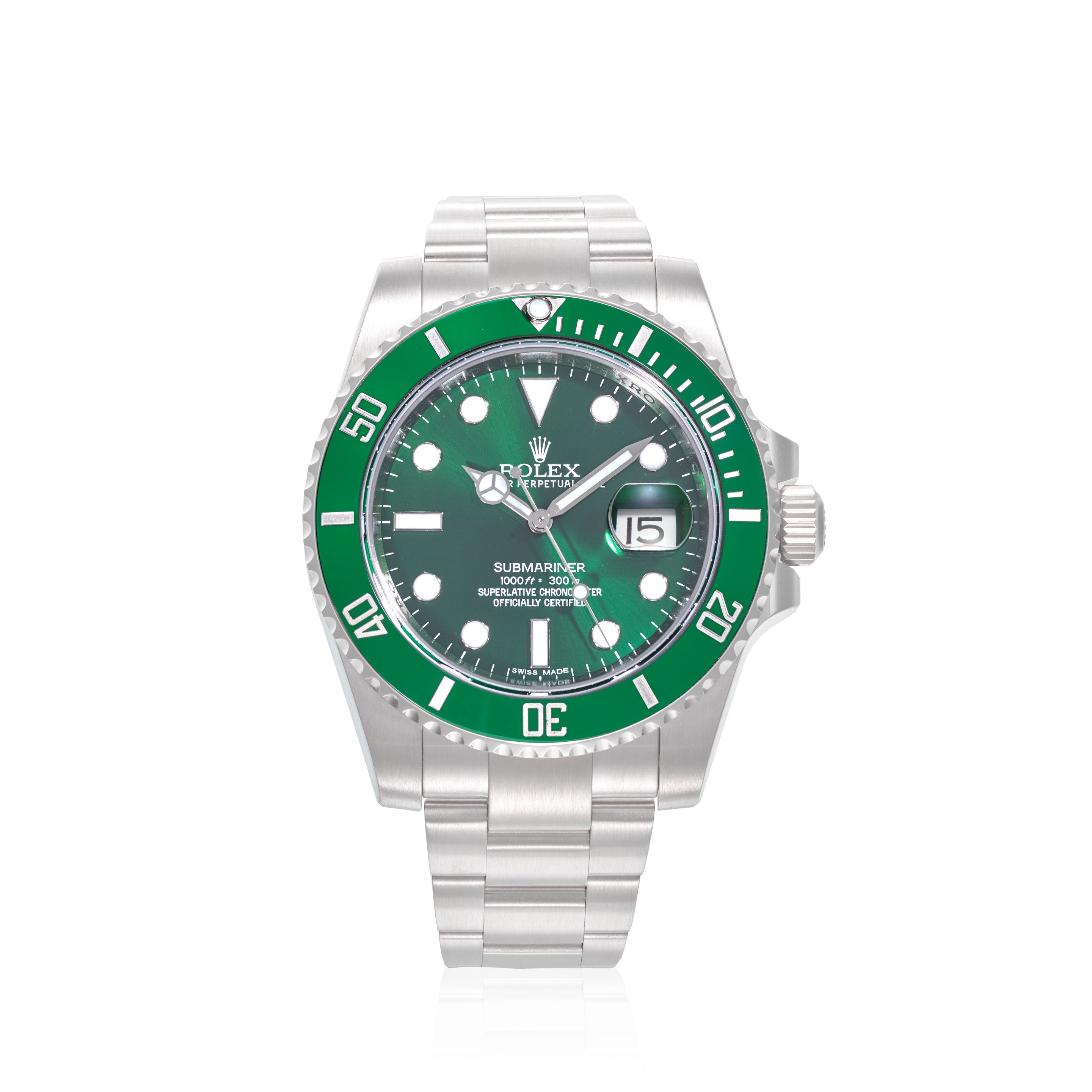ROLEX. A STAINLESS STEEL AUTOMATIC CALENDAR BRACELET WATCH Submariner "Hulk", Ref: 116610LV, 2010