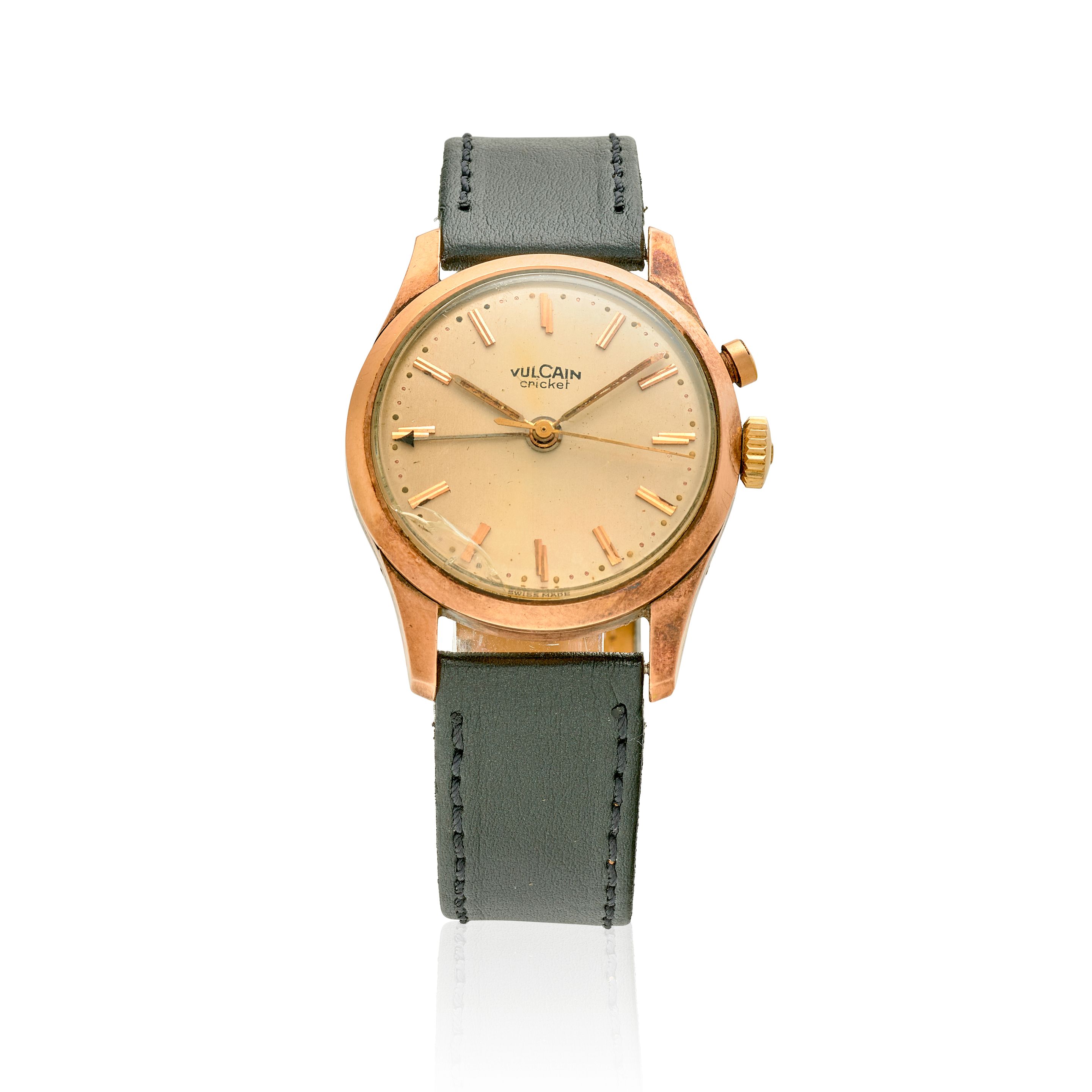 VULCAIN. A PINK GOLD PLATED MANUAL WIND ALARM WRISTWATCH Cricket, c.1950s