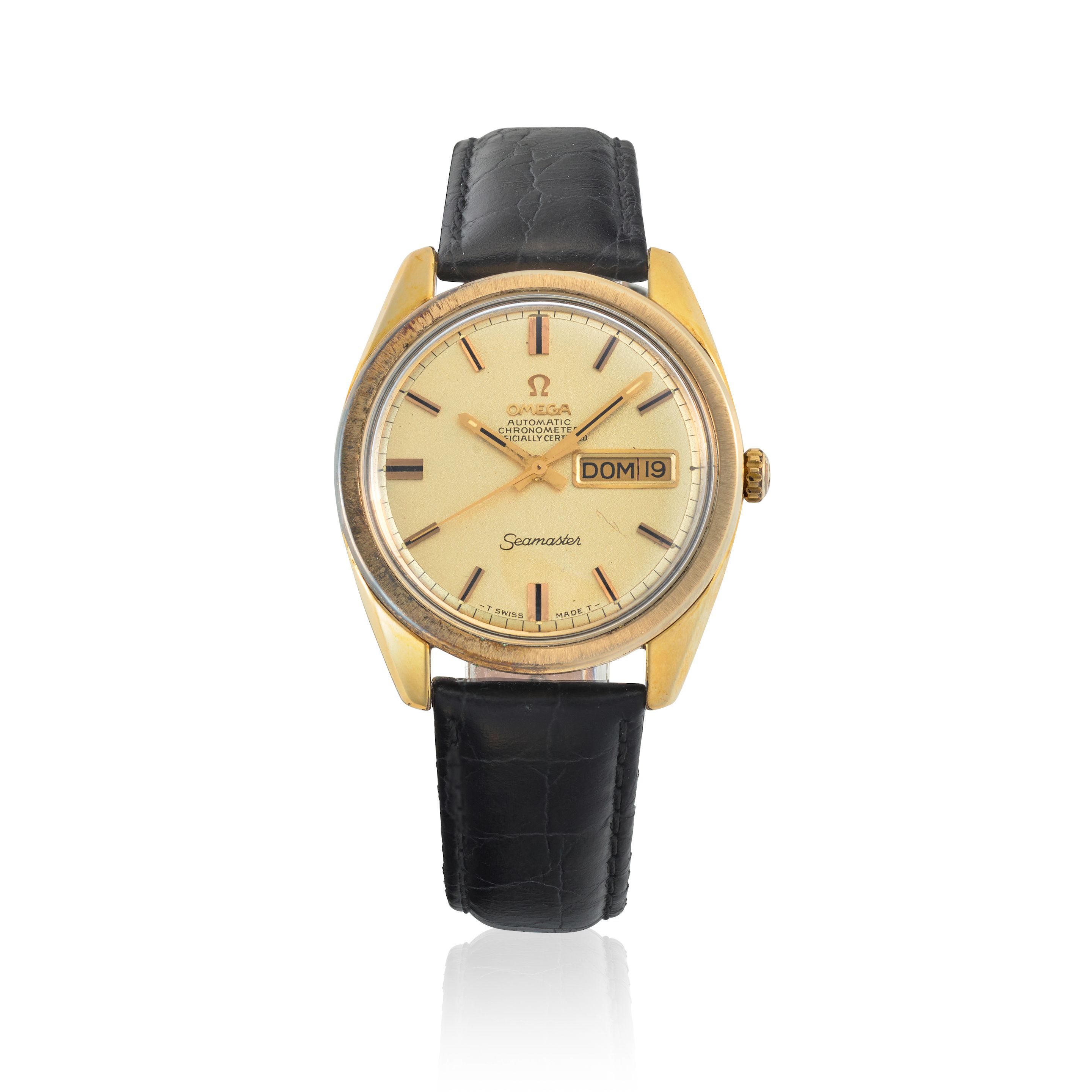 OMEGA. A STAINLESS STEEL AND GOLD PLATED AUTOMATIC CALENDAR WRISTWATCH Seamaster, Ref: 166.032/168.023, c.1960s
