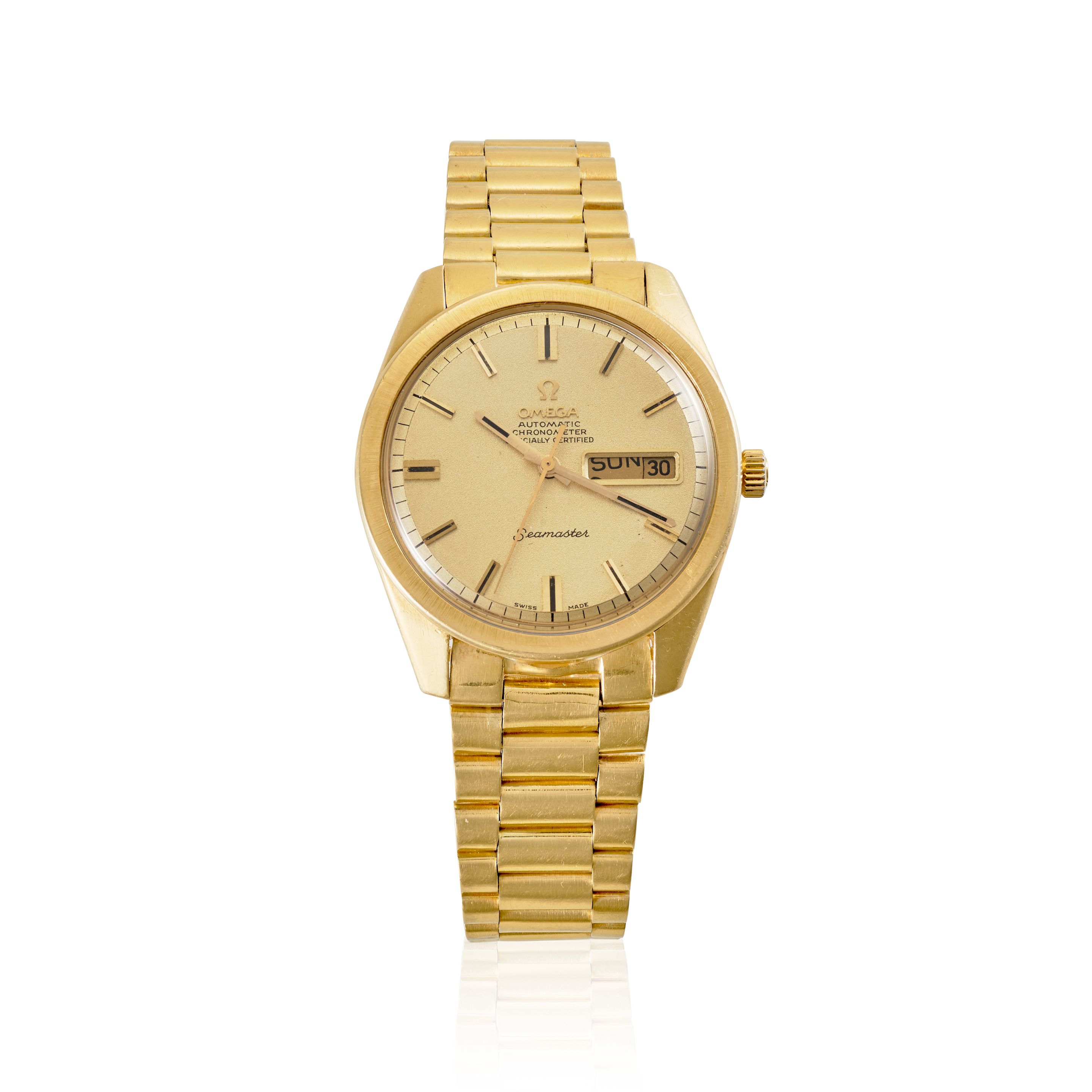 OMEGA. A FINE 18K GOLD AUTOMATIC CALENDAR BRACELET WATCH Seamaster, Ref: 168.023, c.1970s