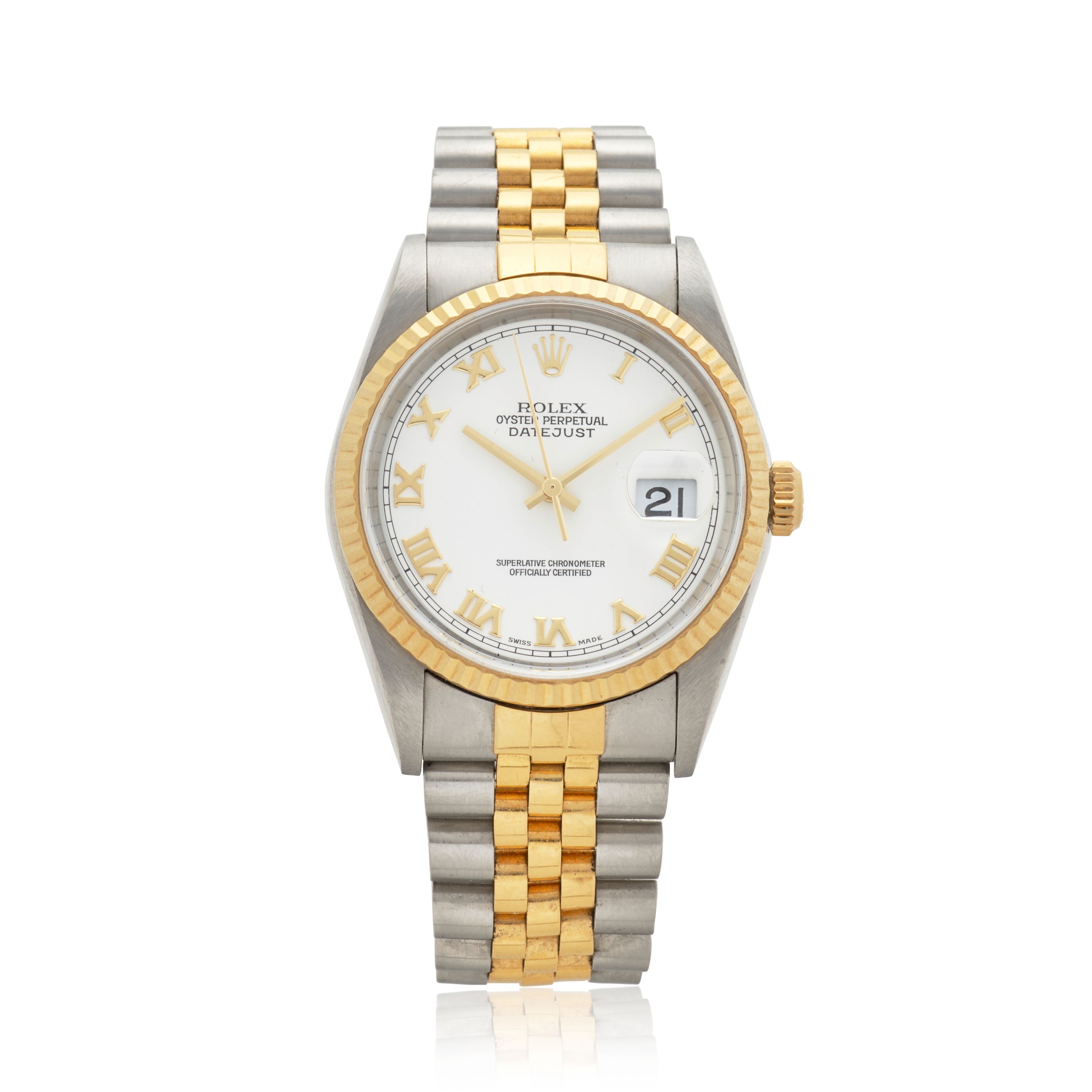 ROLEX. AN 18K GOLD AND STAINLESS STEEL AUTOMATIC CALENDAR BRACELET WATCH Datejust, Ref: 16233, Purchased 14th October, 2000