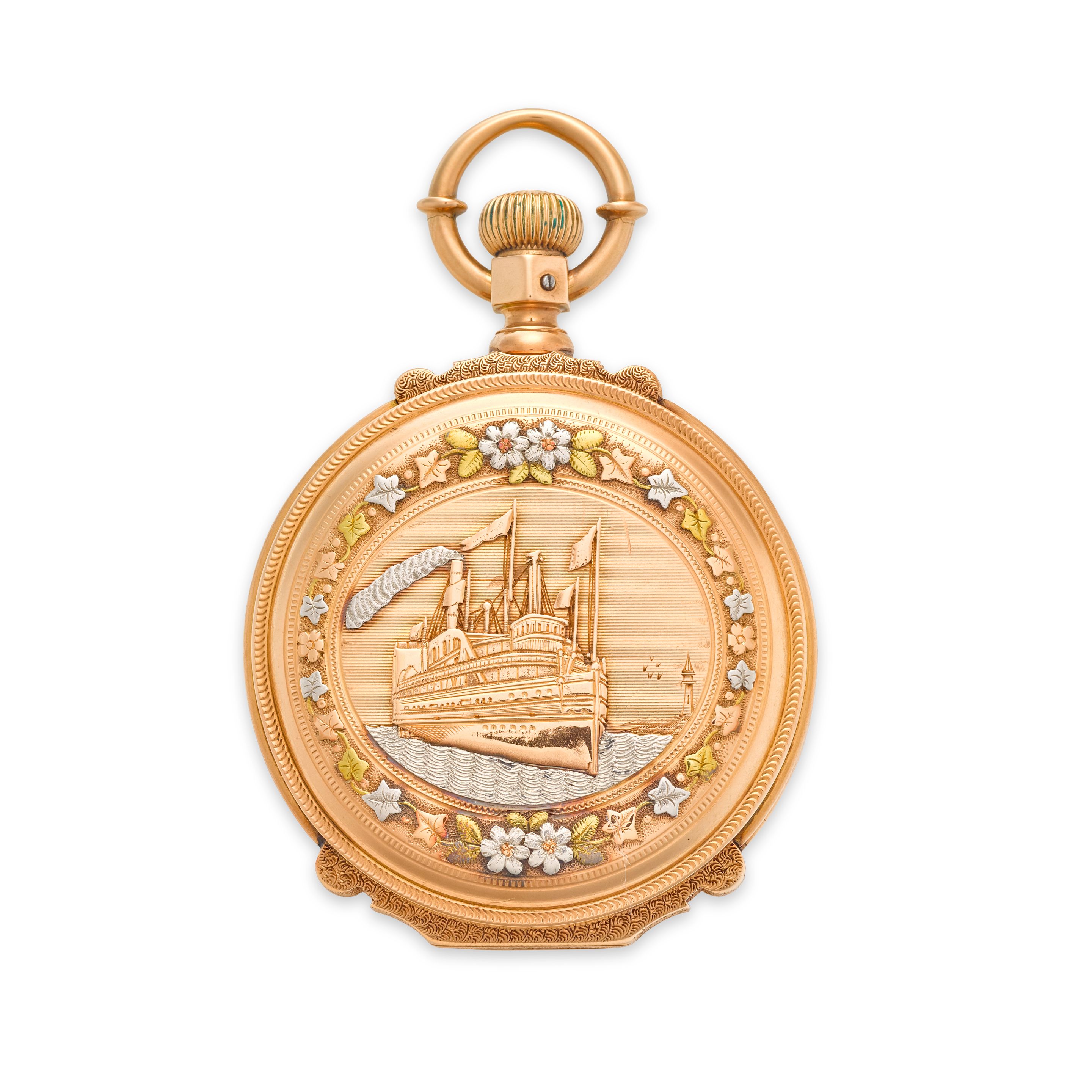 HAMPDEN WATCH CO. A FINE AND RARE BLACK DIAL WATCH IN MULTI COLOR 14K GOLD BOX HINGE HUNTER CASE DEPICTING A STEAMSHIPCase with trademark of ...