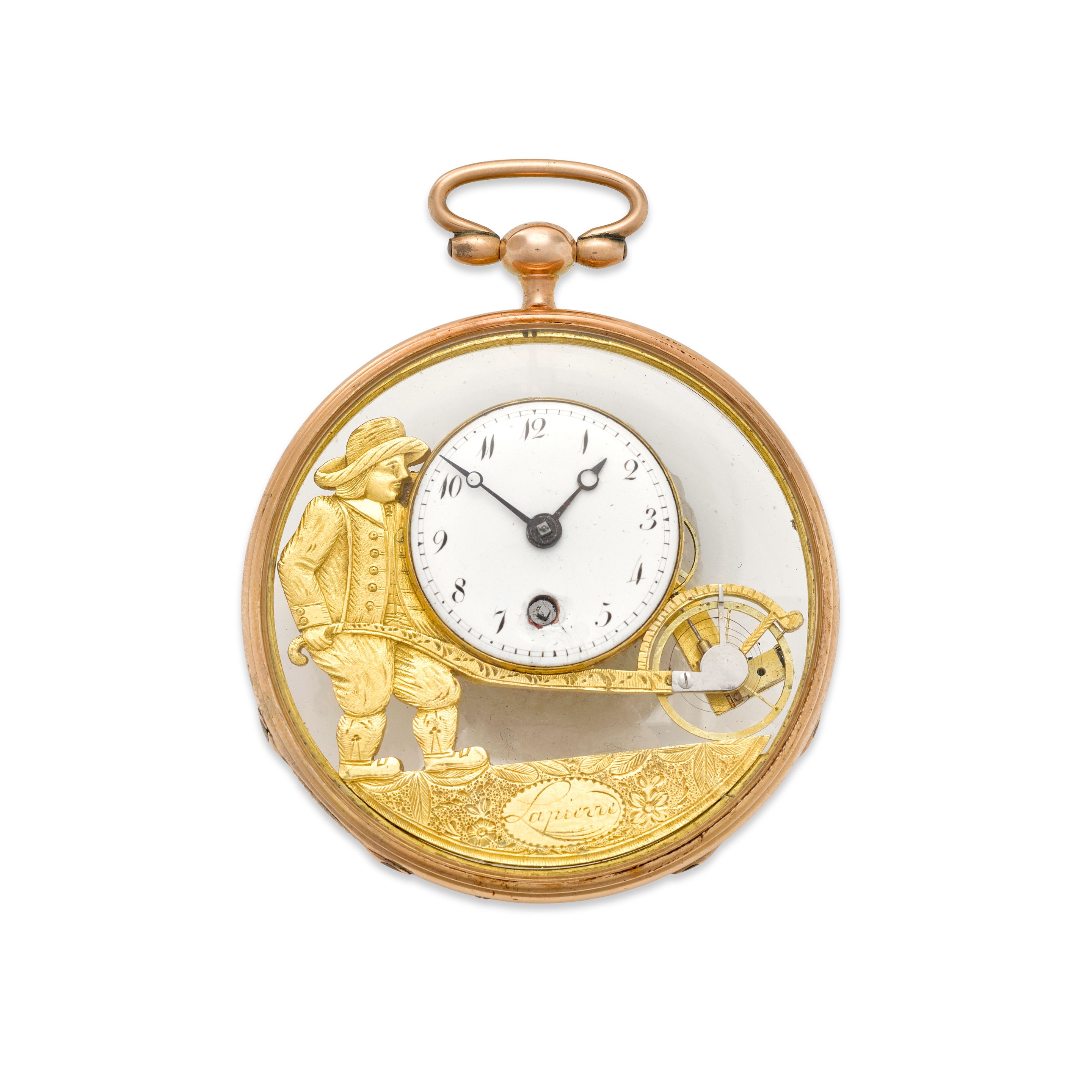 LAPIERRE IN WIEN. A VERY RARE GOLD MOUNTED GLAZED AND SKELETONIZED AUTOMATON WATCHLate 18th century
