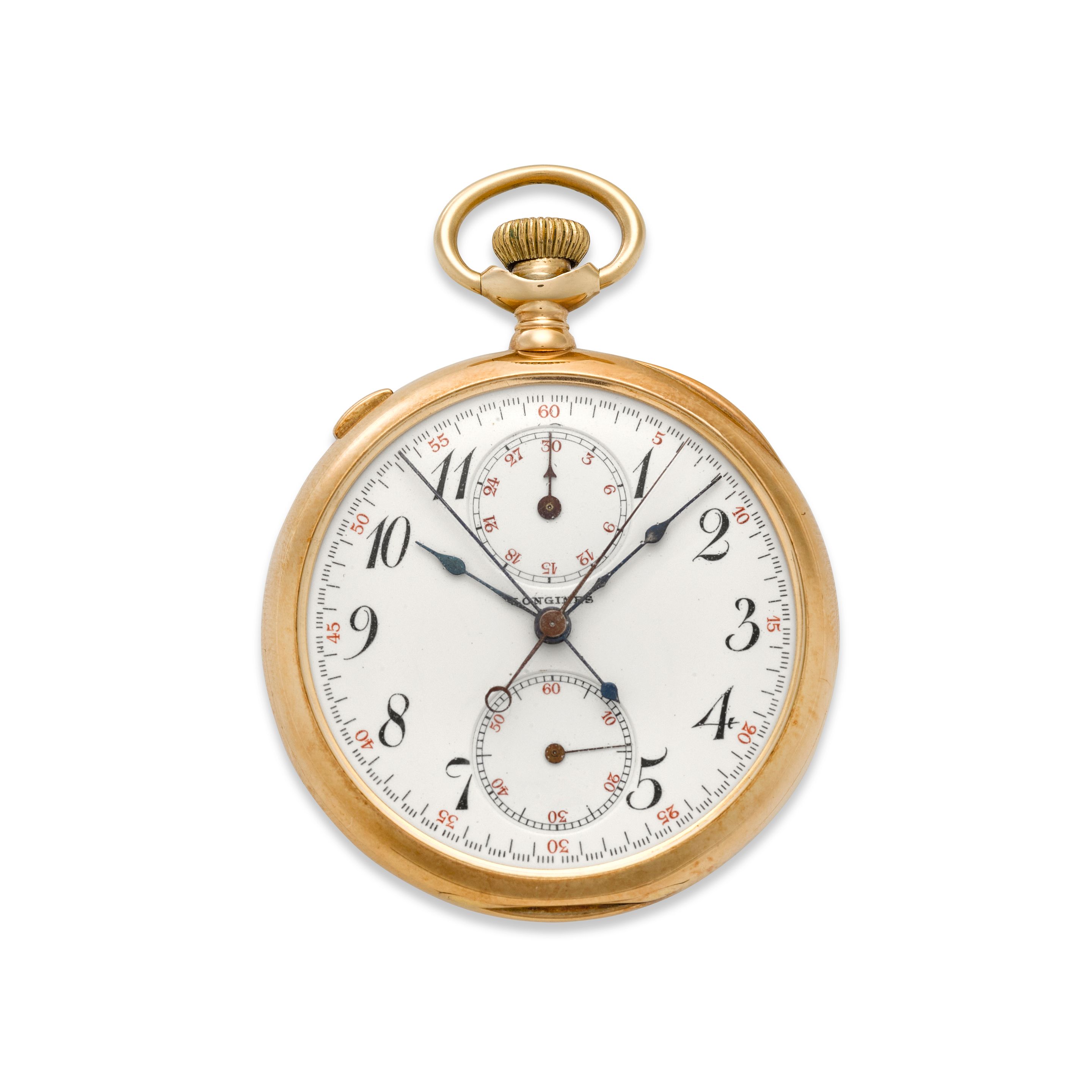 LONGINES. A 14K GOLD OPENFACE SPLIT CHRONOGRAPH WITH REGISTERCirca 1907
