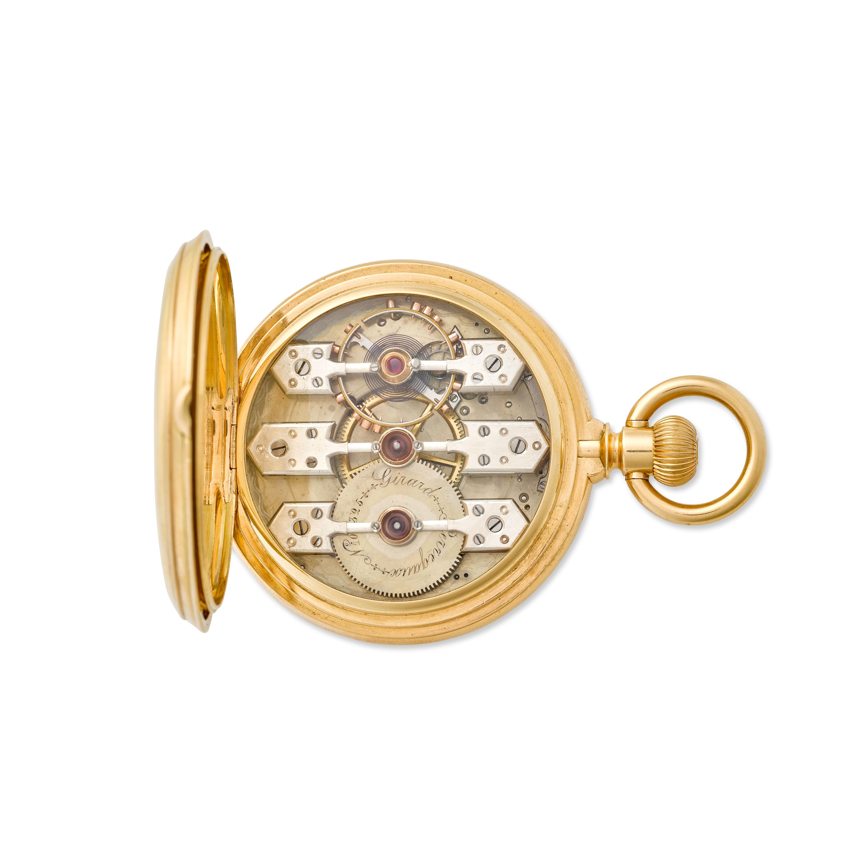 GIRARD PERREGAUX. A FINE AND RARE 18K GOLD HUNTER CASED FREE SPRUNG THREE BRIDGE KEYLESS LEVER WATCHLast quarter 19th century