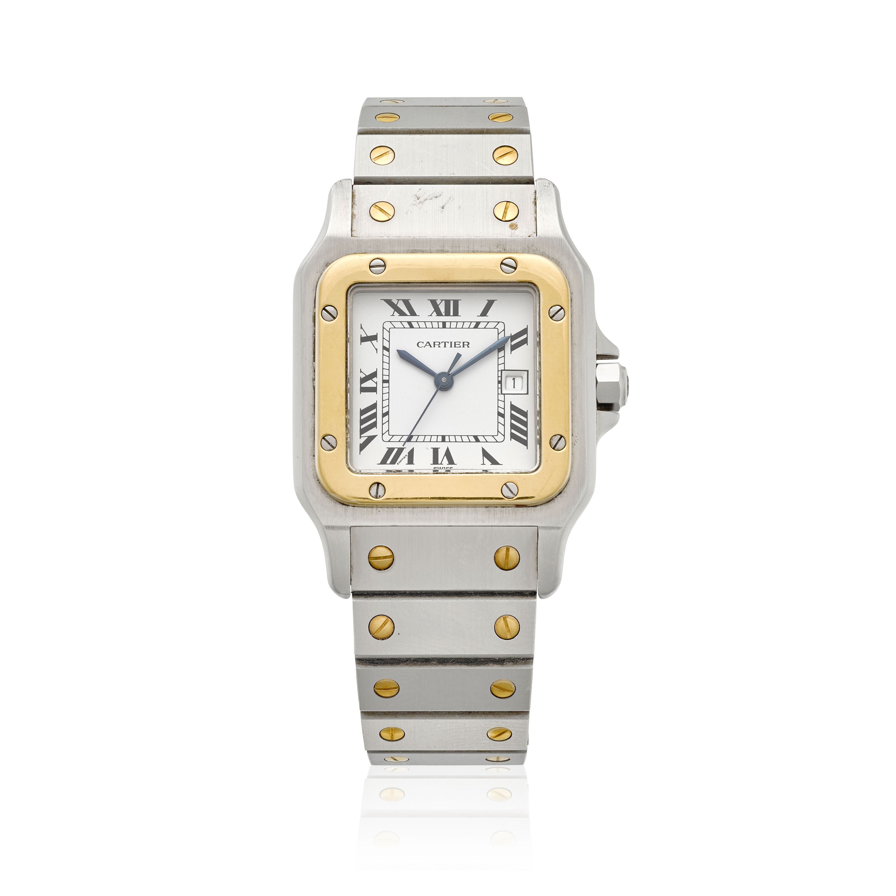 CARTIER. A STAINLESS STEEL AND GOLD AUTOMATIC CALENDAR BRACELET WATCH Santos, c.1990s
