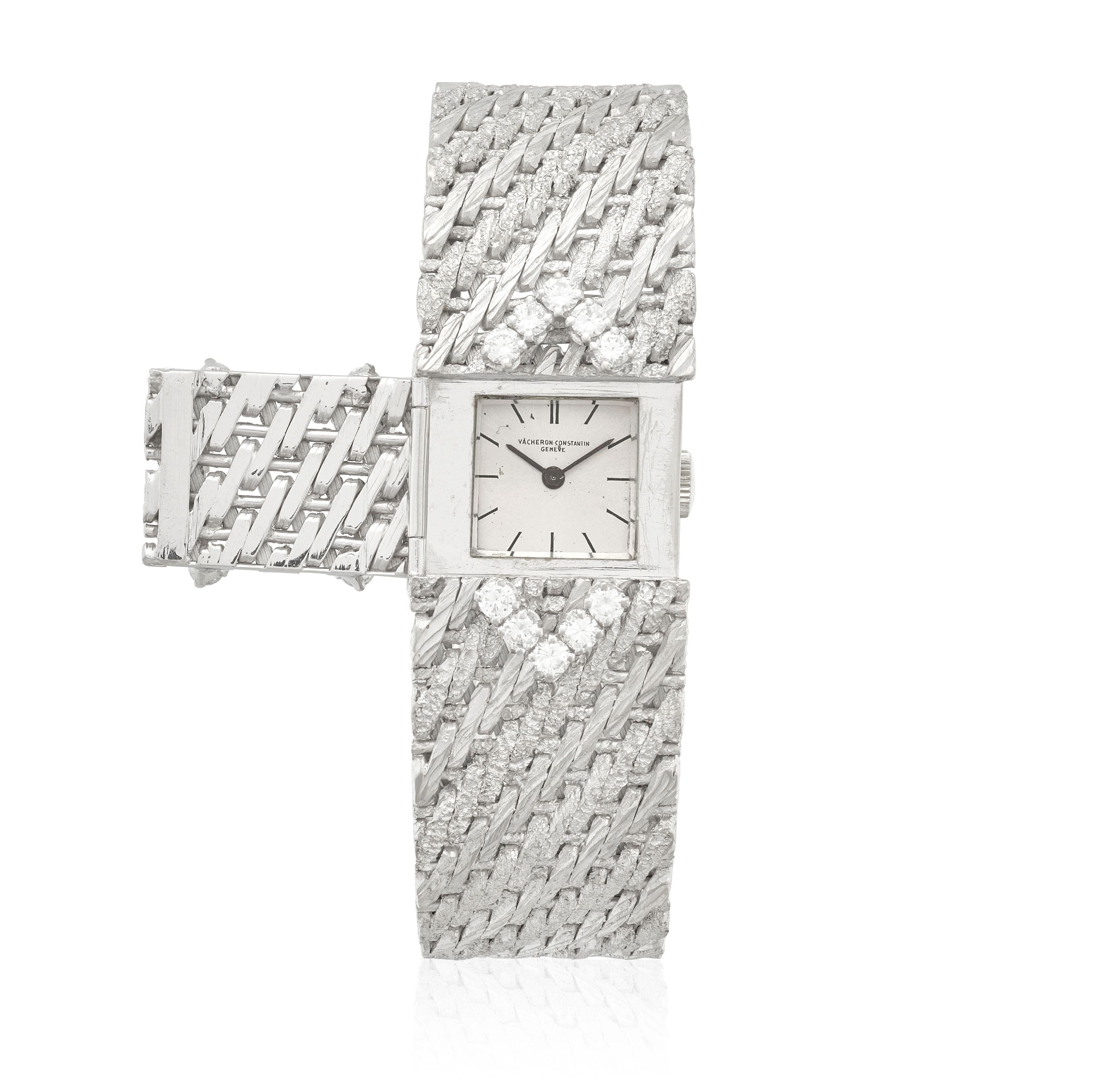 VACHERON & CONSTANTIN. AN 18K WHITE GOLD AND DIAMOND SET MANUAL WIND COCKTAIL BRACELET WATCH WITH CONCEALED DIALc.1970s