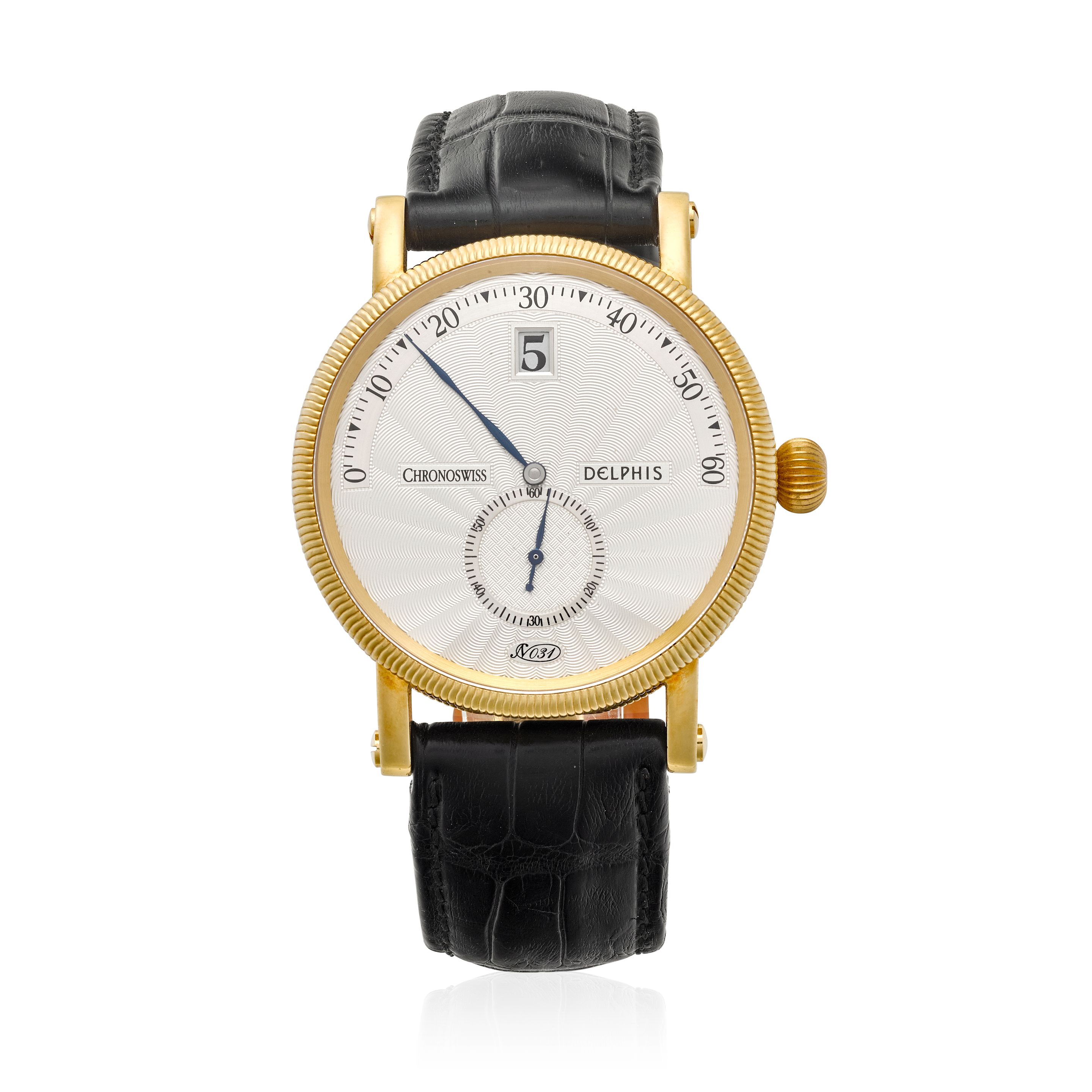 CHRONOSWISS. AN 18K GOLD AUTOMATIC JUMP HOUR WRISTWATCH Delphis,