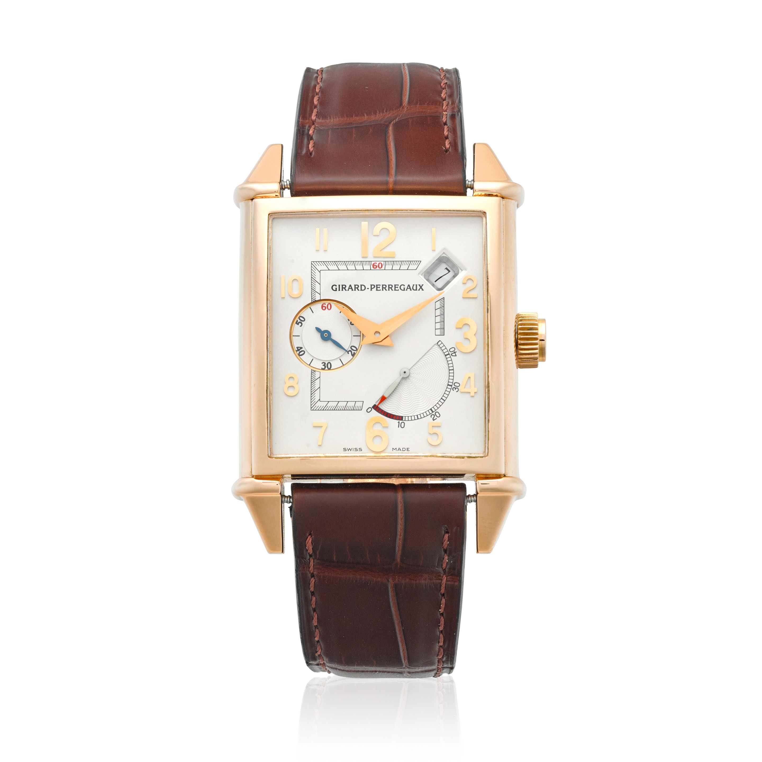 GIRARD PERREGAUX. AN 18K PINK GOLD AUTOMATIC CALENDAR WRISTWATCH WITH POWER RESERVE INDICATION 1945, Purchased 25th January, 2006