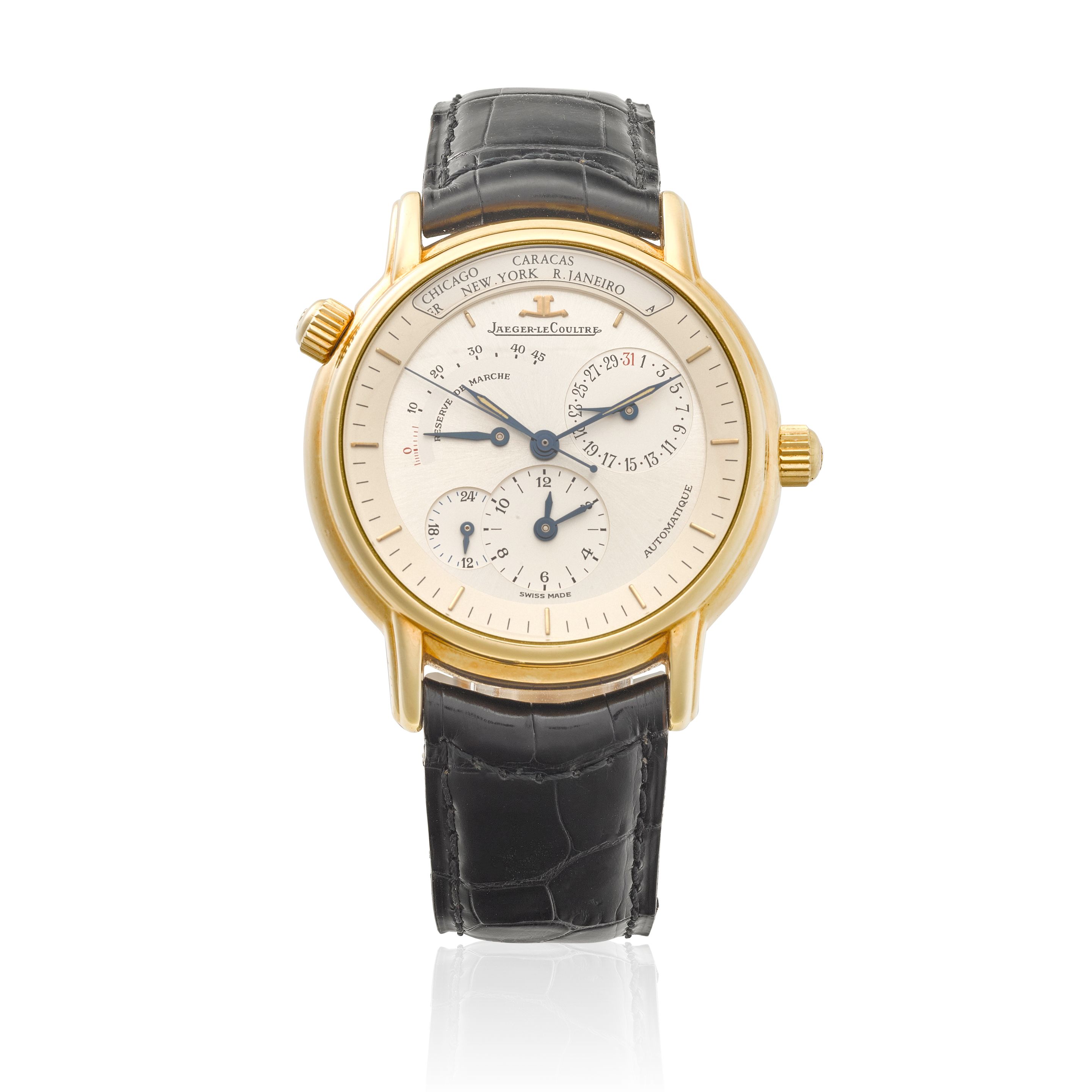 JAEGER LECOULTRE. A YELLOW GOLD AUTOMATIC WORLD TIME WRISTWATCH WITH SECOND TIME ZONE AND POWER RESERVE Master Geographique, Ref: Ref. 169.1.92, c. 2000