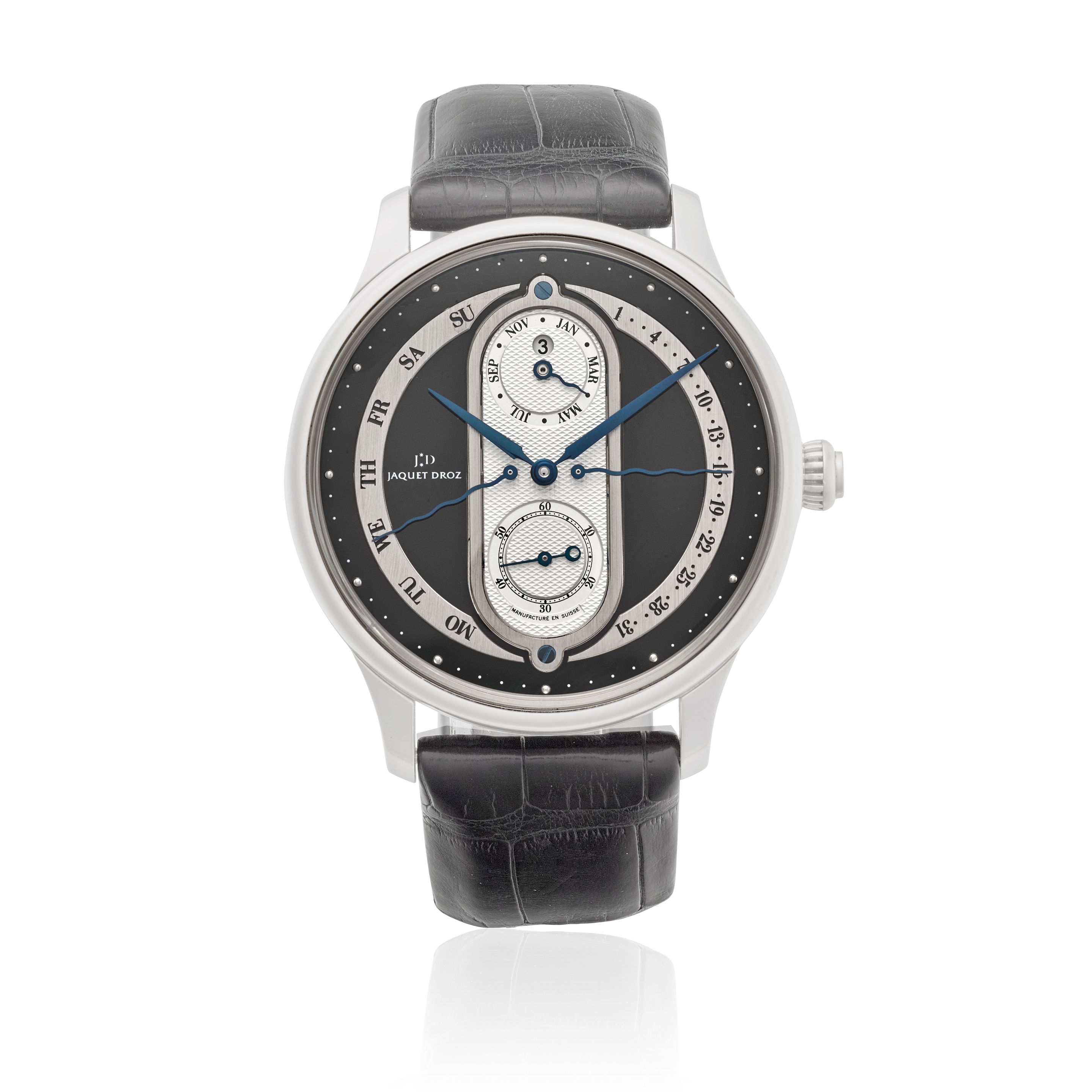 JAQUET DROZ. AN 18K WHITE GOLD LIMITED EDITION AUTOMATIC RETROGRADE PERPETUAL CALENDAR WRISTWATCHRef: J008334201, c.2010s