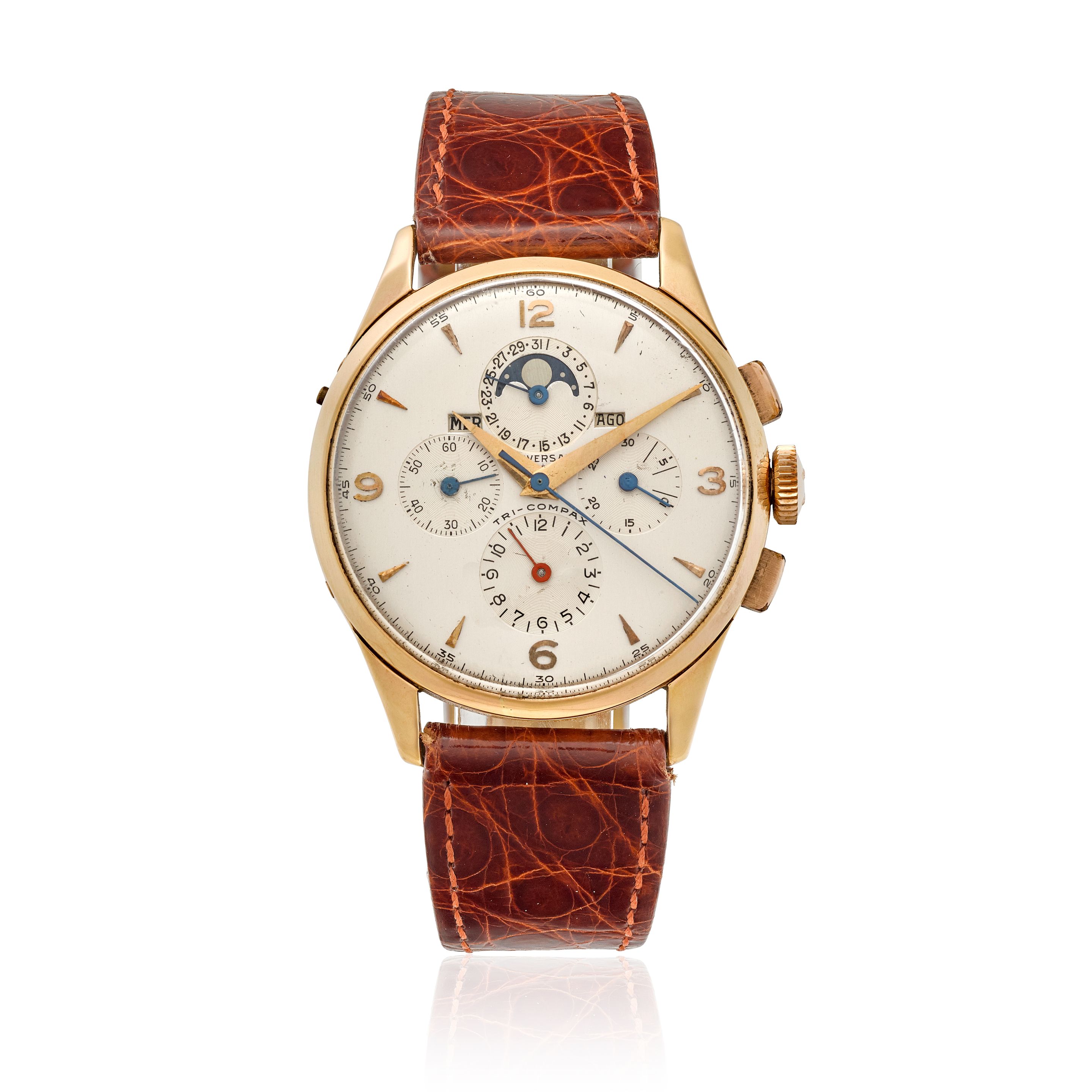 UNIVERSAL GENEVE. AN 18K GOLD MANUAL WIND TRIPLE CALENDAR CHRONOGRAPH WRISTWATCH WITH MOON PHASE Tri-Compax, c.1940s