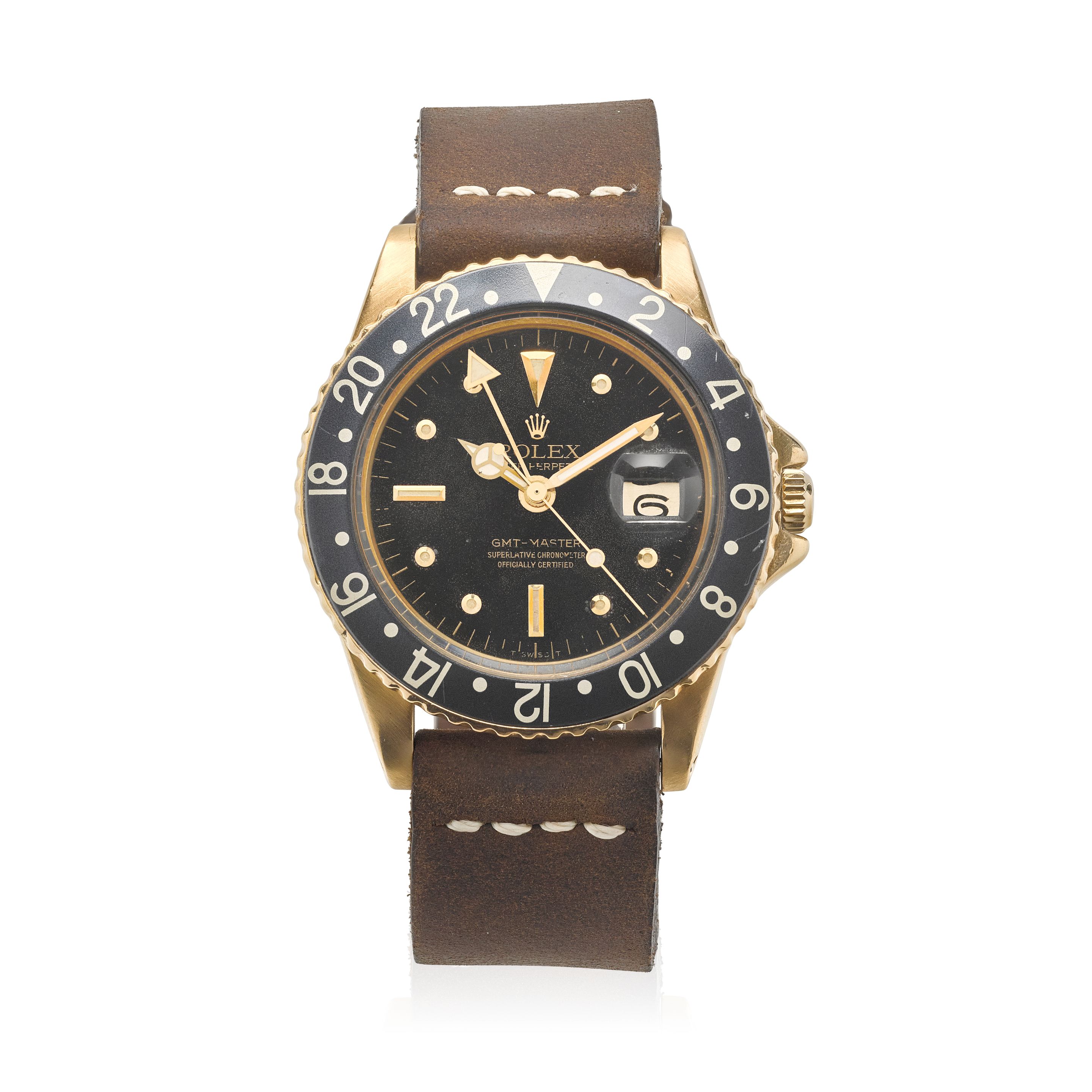 ROLEX. AN 18K GOLD AUTOMATIC CALENDAR WATCH WITH GMT FUNCTION GMT Master II, Ref: 1675, c.1971