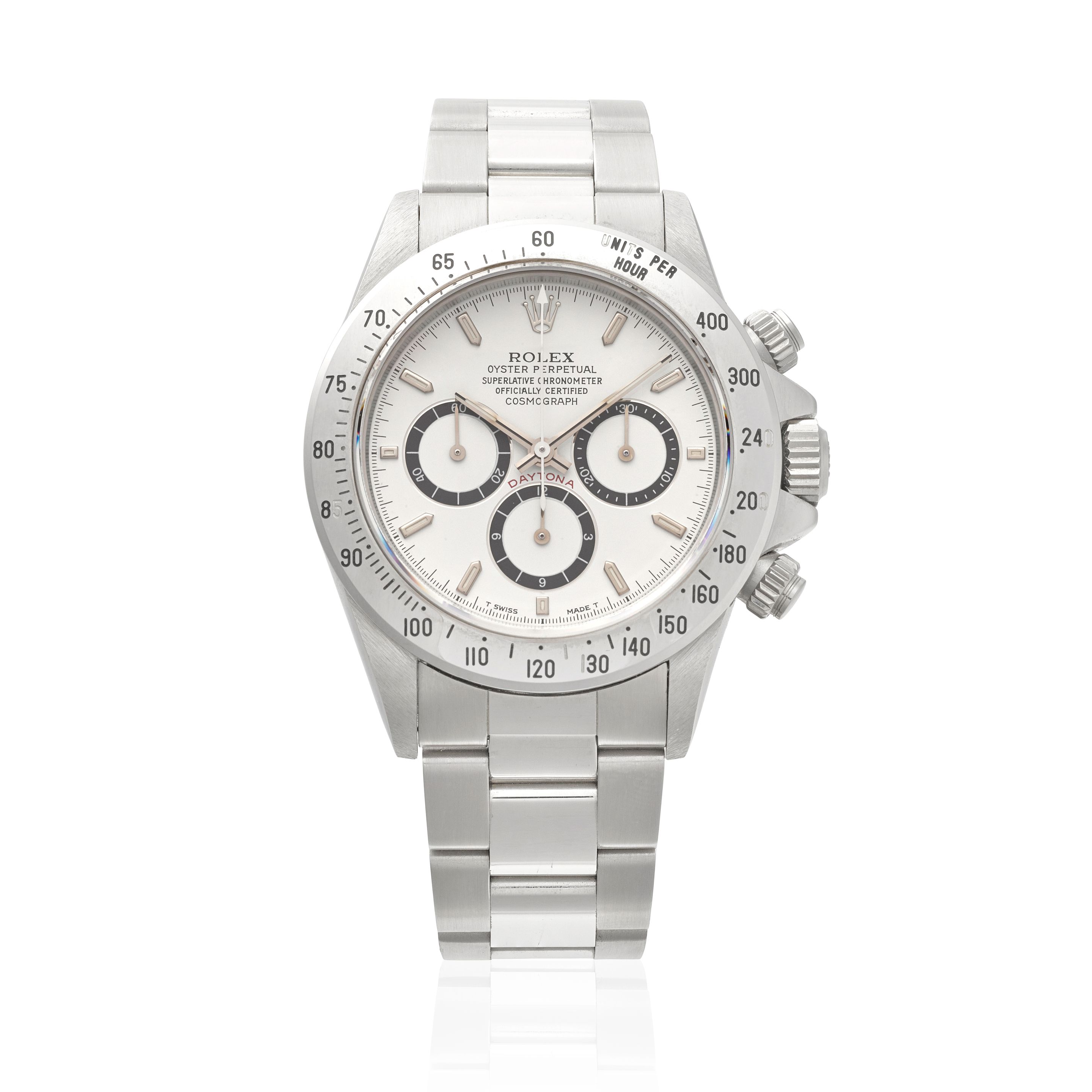 ROLEX. AN EXTREMELY FINE STAINLESS STEEL AUTOMATIC CHRONOGRAPH WRISTWATCH WITH ZENITH MOVEMENT AND INVERTED 6 Cosmograph Daytona 'Zenith', Ref: 16520, c.1993