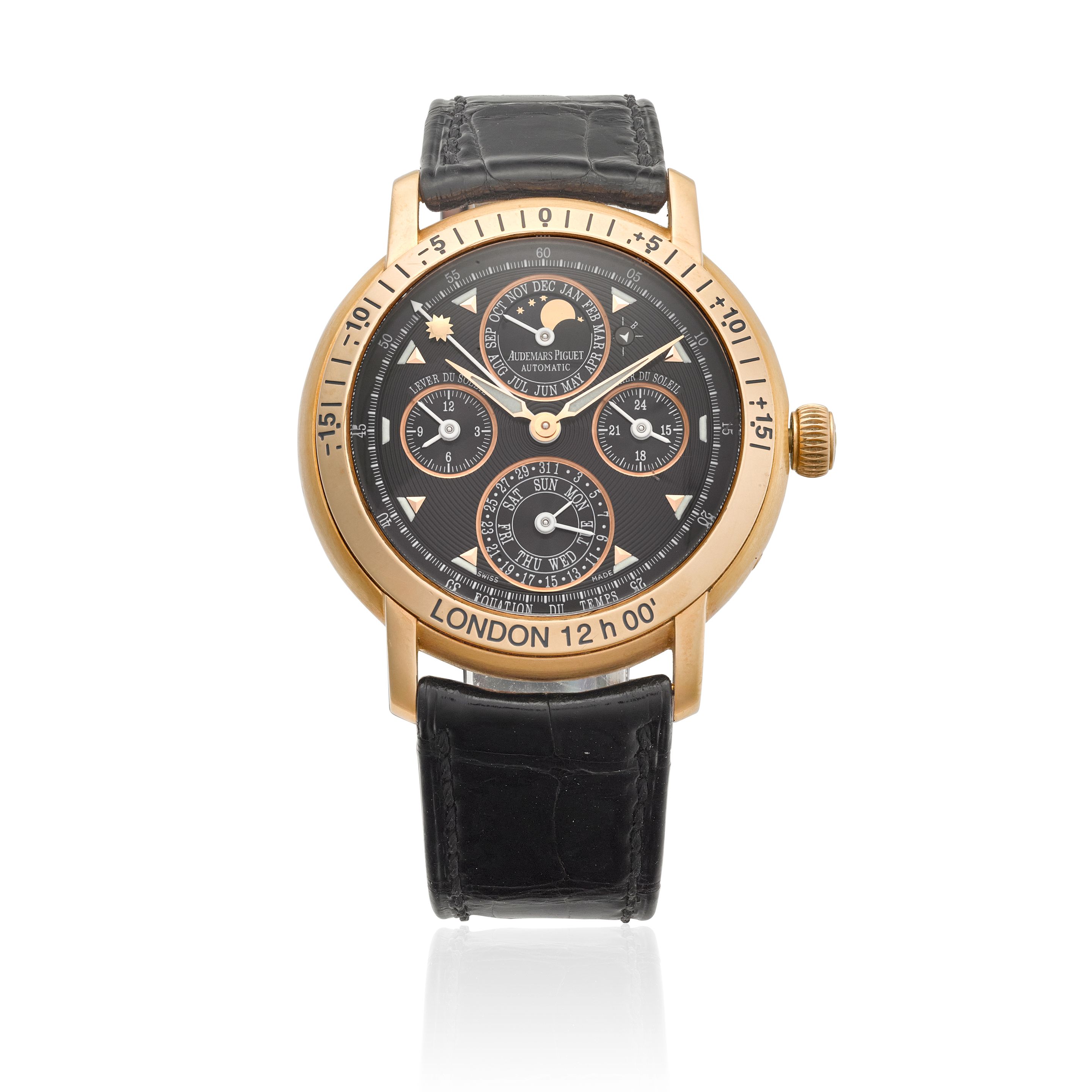 AUDEMARS PIGUET. A PINK GOLD AUTOMATIC PERPETUAL CALENDAR WRISTWATCH WITH MOON PHASES AND EQUATION OF TIME FOR LONDON Jules Audemars Equation of Time London, Ref: ...