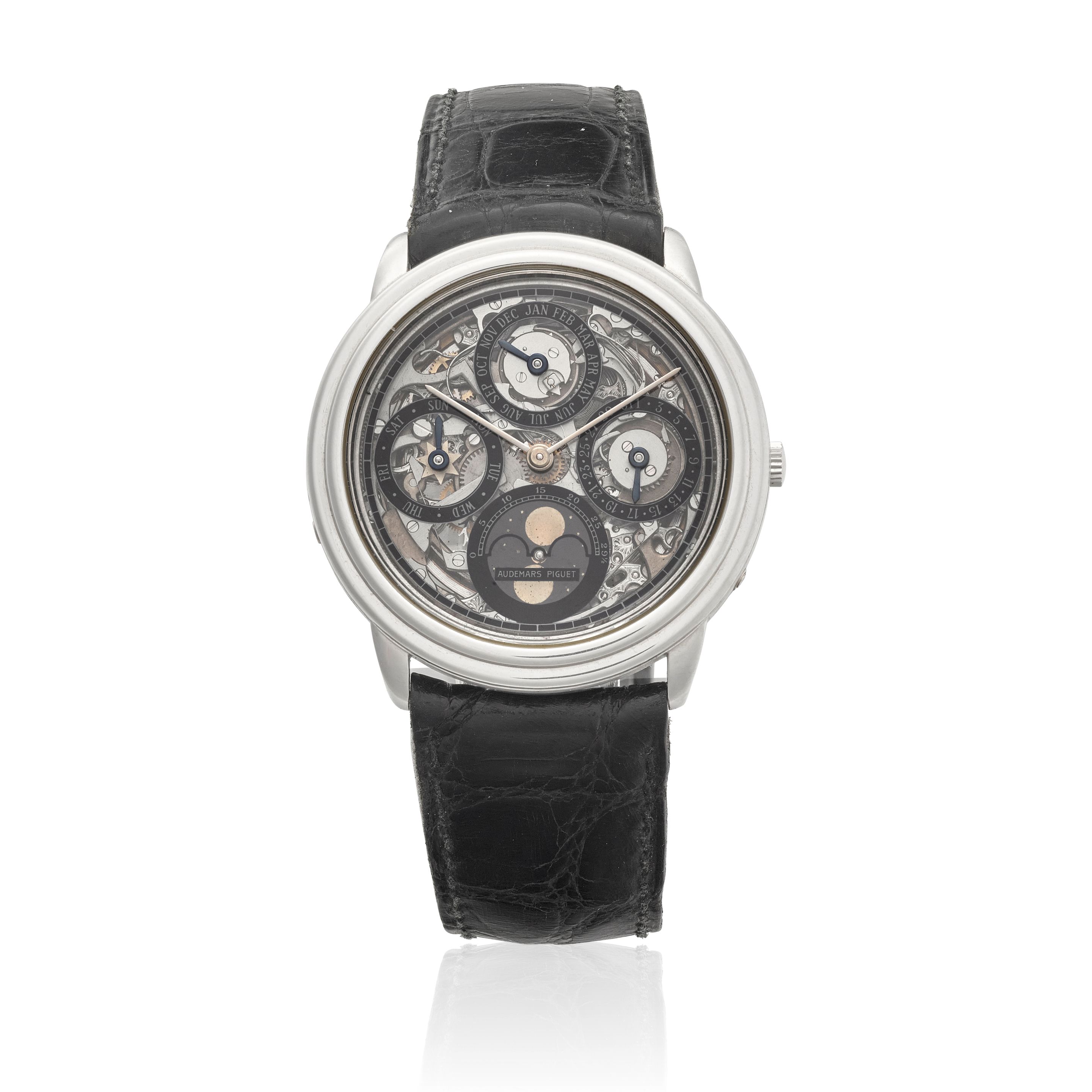 AUDEMARS PIGUET. AN EXQUISITE PLATINUM AUTOMATIC PERPETUAL CALENDAR WRISTWATCH WITH MOON PHASE Quantieme Perpetuel, Ref: 25668PT, c.1990s