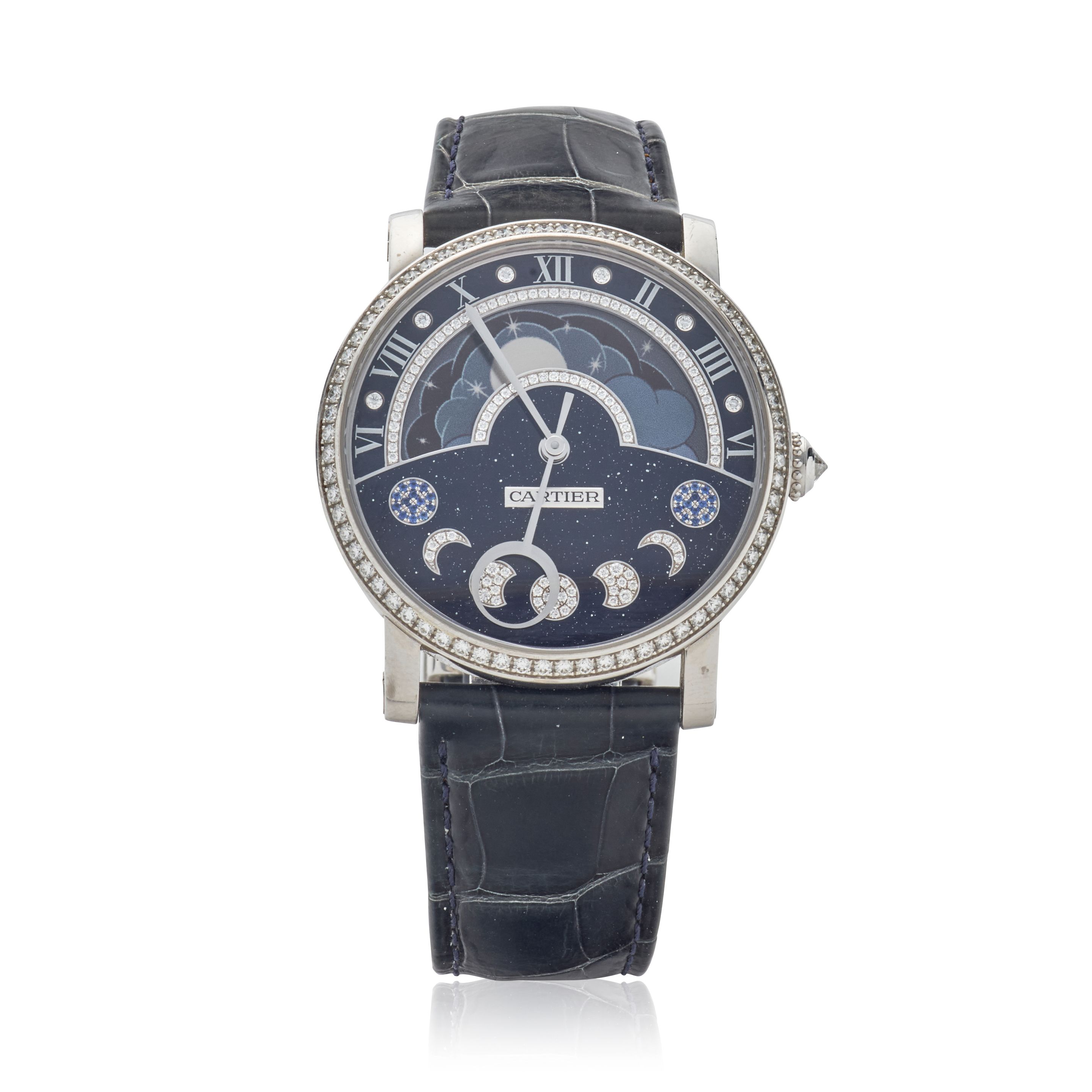 CARTIER. A FINE AND UNUSUAL 18K WHITE GOLD AND DIAMOND AUTOMATIC WRISTWATCH WITH RETROGRADE MOON PHASE Rotonde de Cartier, Ref: HPI01009, c.2010s